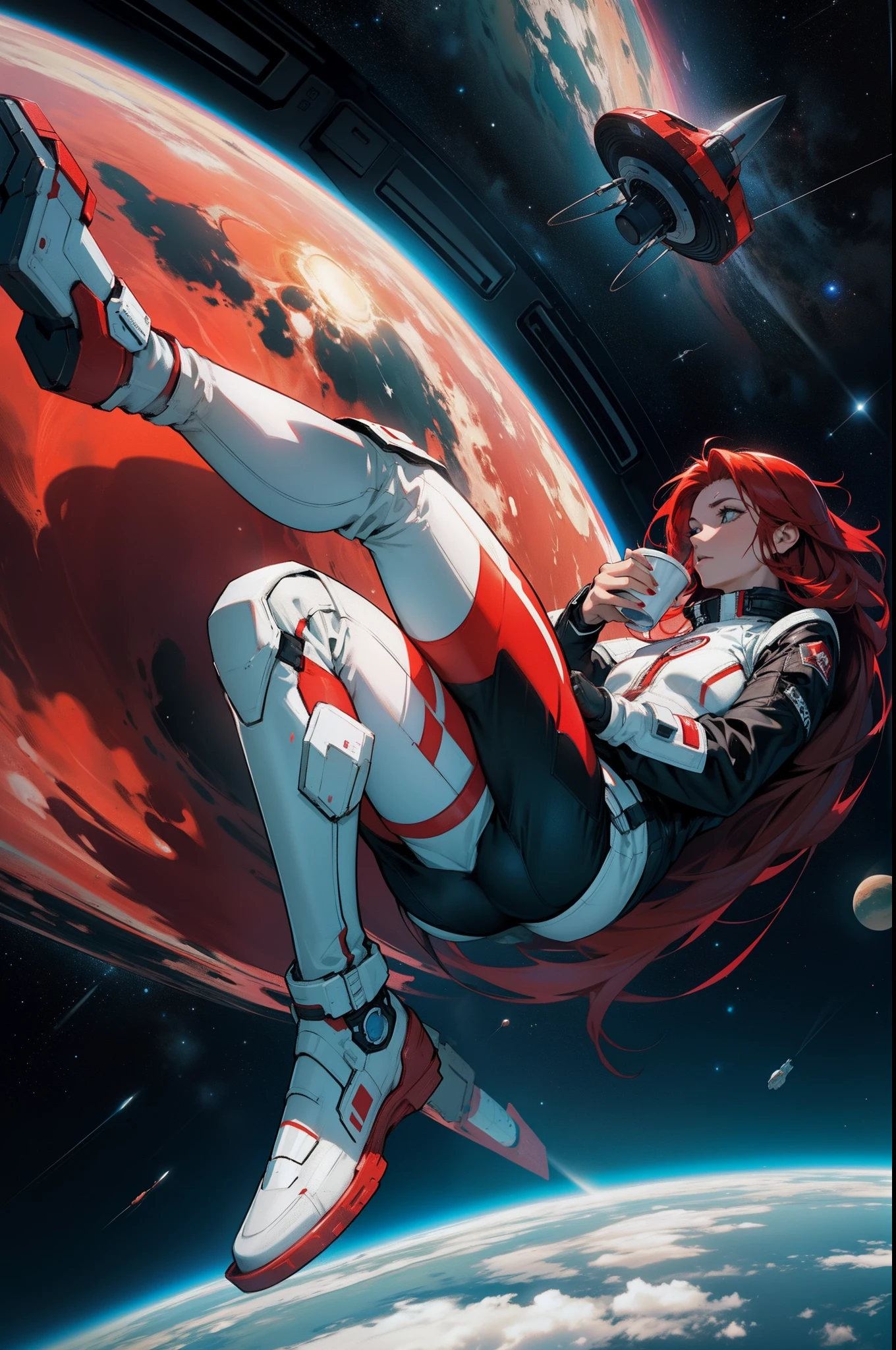 A red-haired beauty in a black spacesuit is floating in outer space drinking a cup of coffee several floating planets Atalho de cabelo vermelho multiple spaceships floating