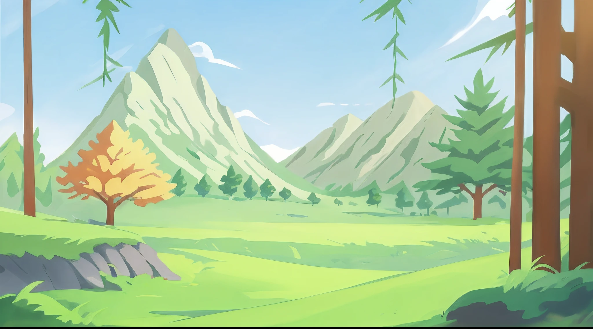 There is a cartoon illustration,Depicts a mountain view of a river, arte de fundo, background artwork, mountainous background, Landscape background, Mountain background, 2 D game art background, 4 k hd wallpaper illustration, background mountains, Detailed scenery —width 672, scenery background, Mobile game background, Anime background art, beatiful mountain background, 4 k hd illustrative wallpaper