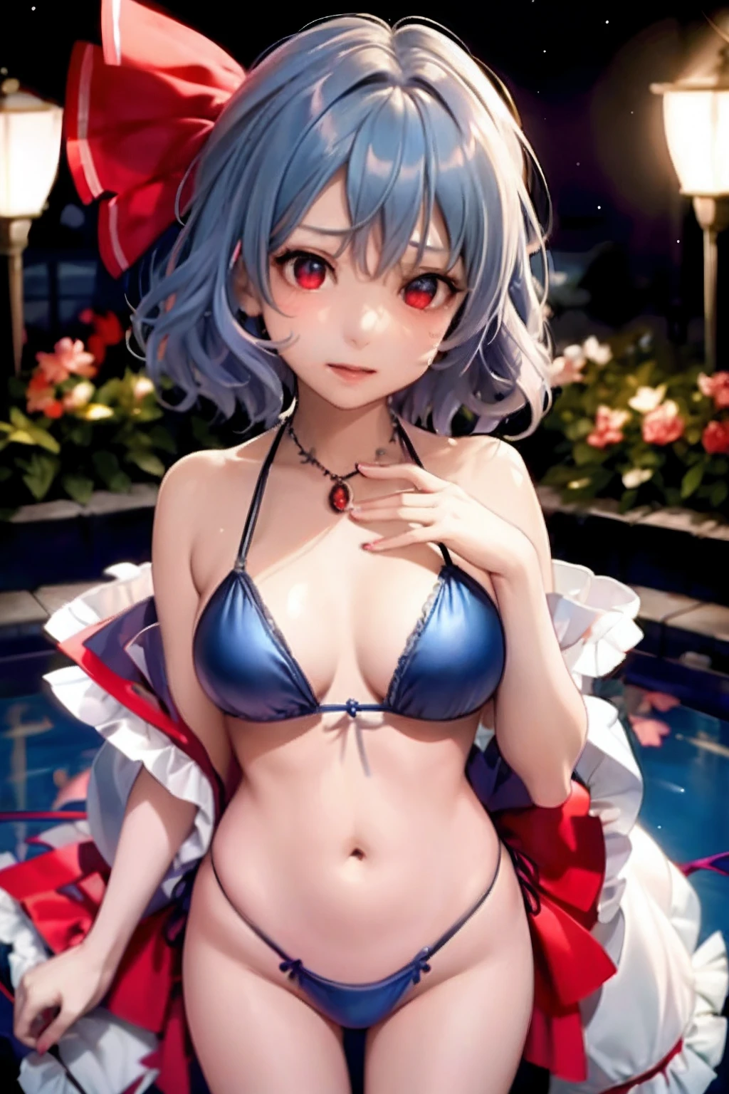 ​masterpiece、top-quality、1girl in、Blue ruffled bikini、Mob Hut、bow ribbon、blue hairs、red blush、the bow、ascot、wingspan、Night Pool Background、Colossal tits、A sexy、remilia scarlet、full body seen、Emphasizes cleavage、Shy face