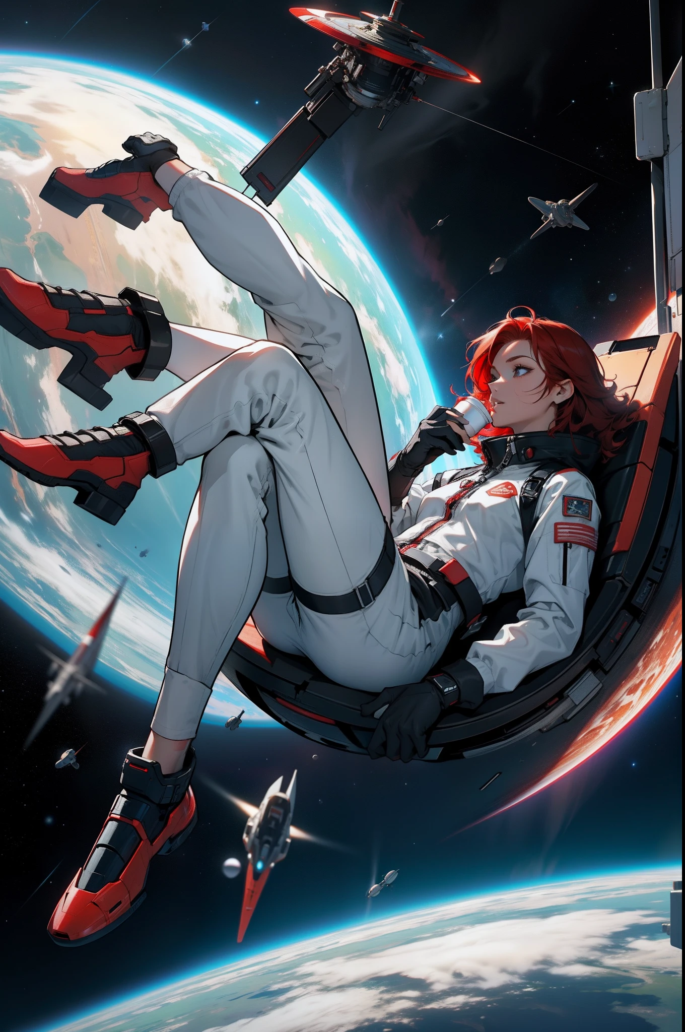 A red-haired beauty in a black spacesuit is floating in outer space drinking a cup of coffee several floating planets Atalho de cabelo vermelho multiple spaceships floating