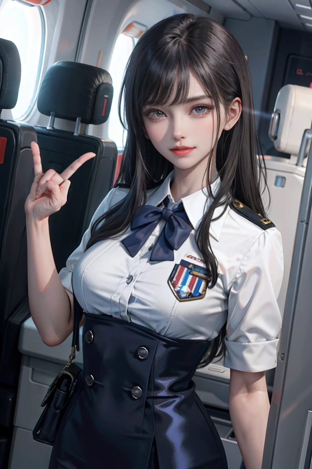(masterpiece:1.2, best quality), 1lady, solo, Flight attendant, Uniform, Airplane, Serving passengers, Providing safety instructions, Responding to emergencies, bangs, (shiny skin:1.15),