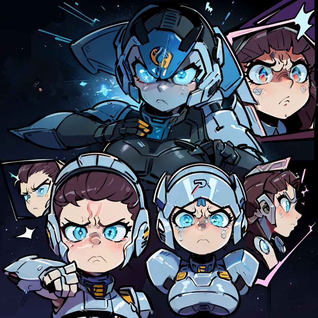 ((masterpiece)), best quality, fully robotic, gray skin, gray face, chibi mech, a cartoon anime style, toonish style (cute figure), (female, feminine figure, motherly, (huge boobs), butt, pretty, beautiful, sexy), The cute cartoonish robots had identical features - Helmet, gray face, big round eyes, shining eyes (color glow), shoulder pads, big breast plate, mecha box limbs, reimagine a female mecha space ranger soldier character with a strong and heroic appearance ready to show off their fighting skills, (futuristic armor suit:1.5), (varied facial expressions, rang of emotions :2). Use the color scheme of metallic for her armor suit. The dance routine performed by the synchronized, sexy robots, flawless, captivating the audience's attention, Emphasize the dynamic pose and the presence of her being a boss in the galaxies and stars in the to enhance the sense of his ready for anything in a space adventure. ready to go mecha,