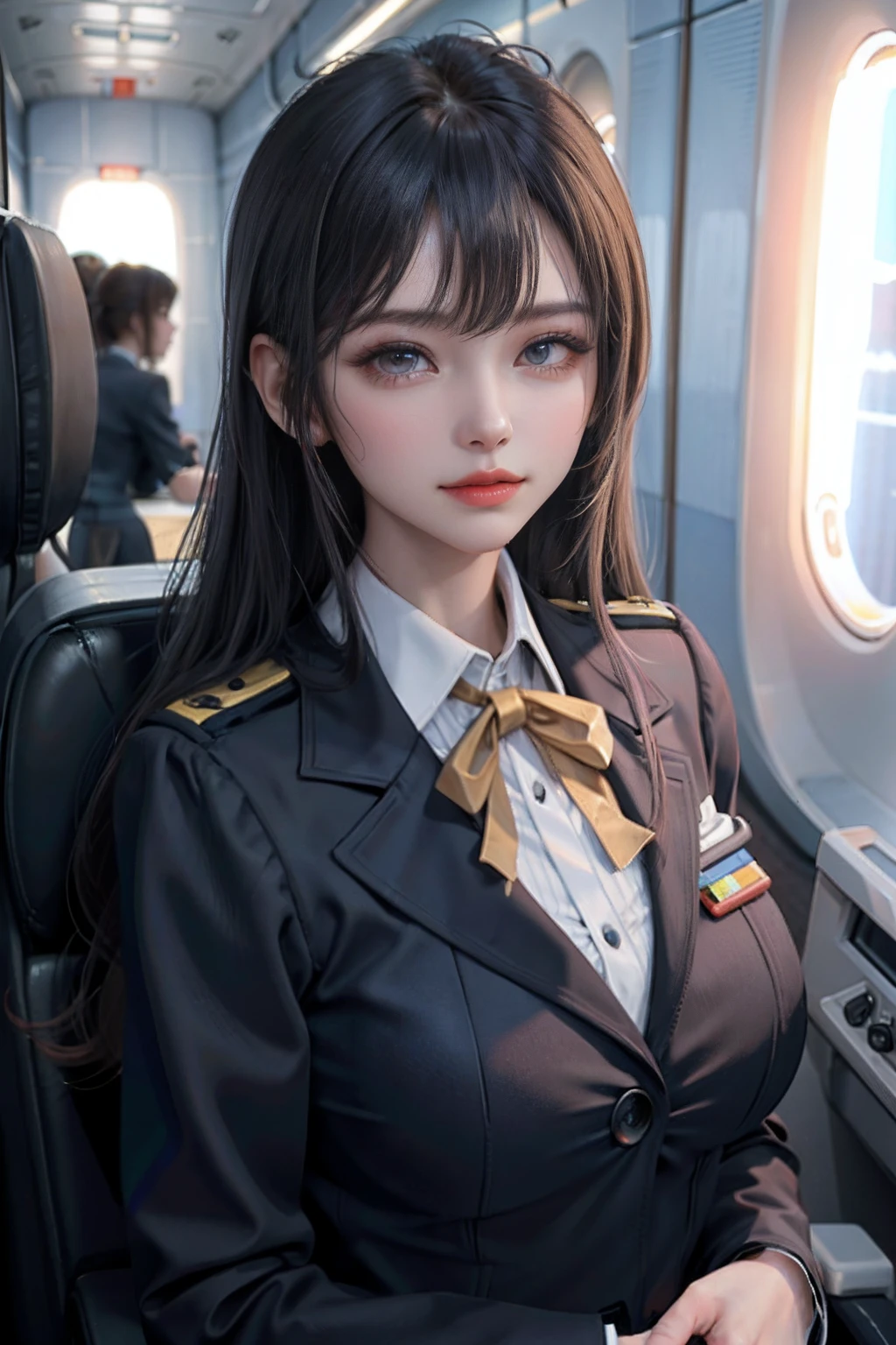 (masterpiece:1.2, best quality), 1lady, solo, Flight attendant, tight Uniform, perfect hands, Airplane, Serving passengers, Providing safety instructions, Responding to emergencies, bangs, (shiny skin:1.15),