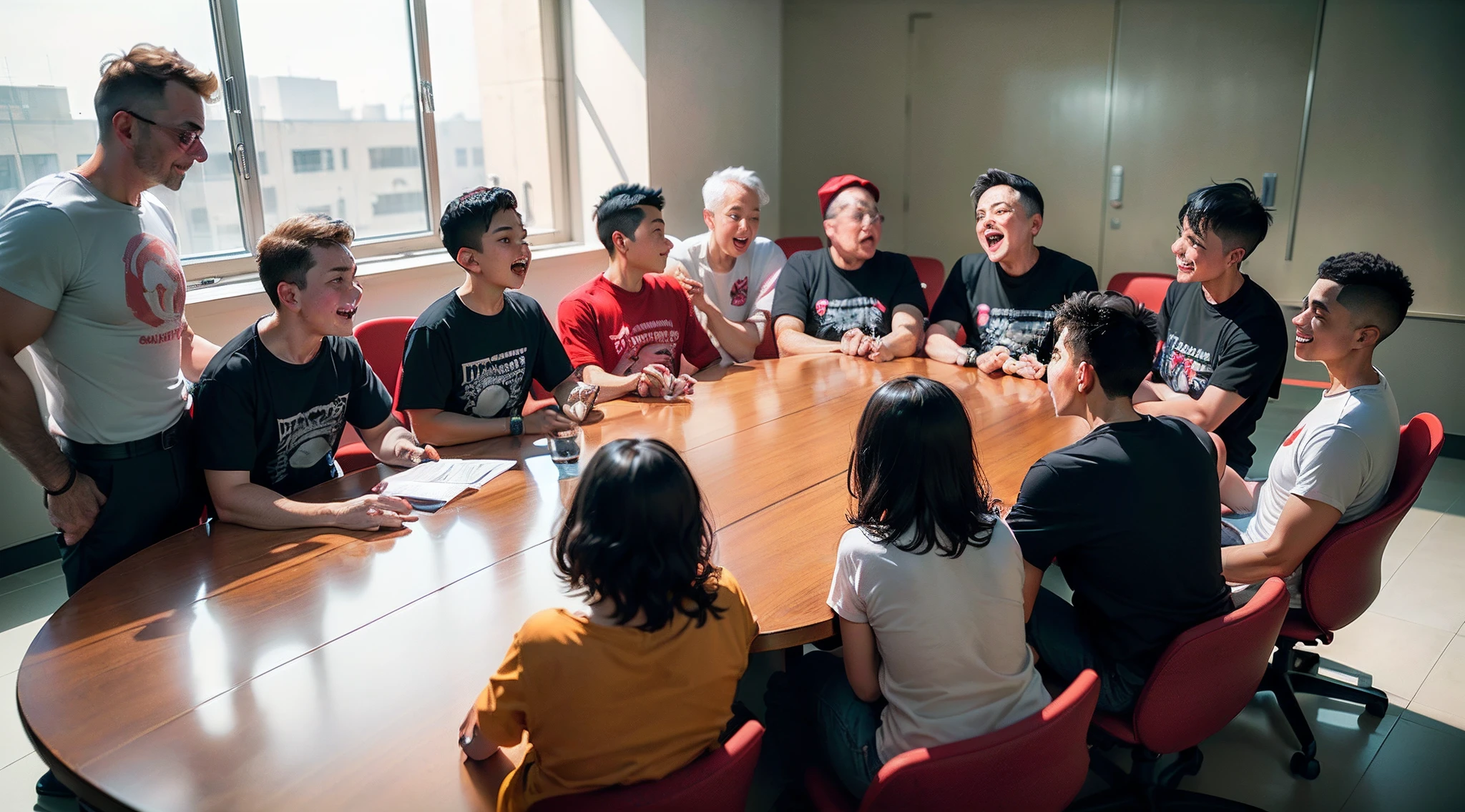 1 middle-aged boy wearing a white shirt，9 middle-aged boys wearing T-shirts，ung girls，Wear a T-shirt，Black hair，In the conference room，Sit around a long oval table in crimson，Meeting，Celebrate the adoption of the debriefing，Happy mood，high qulity