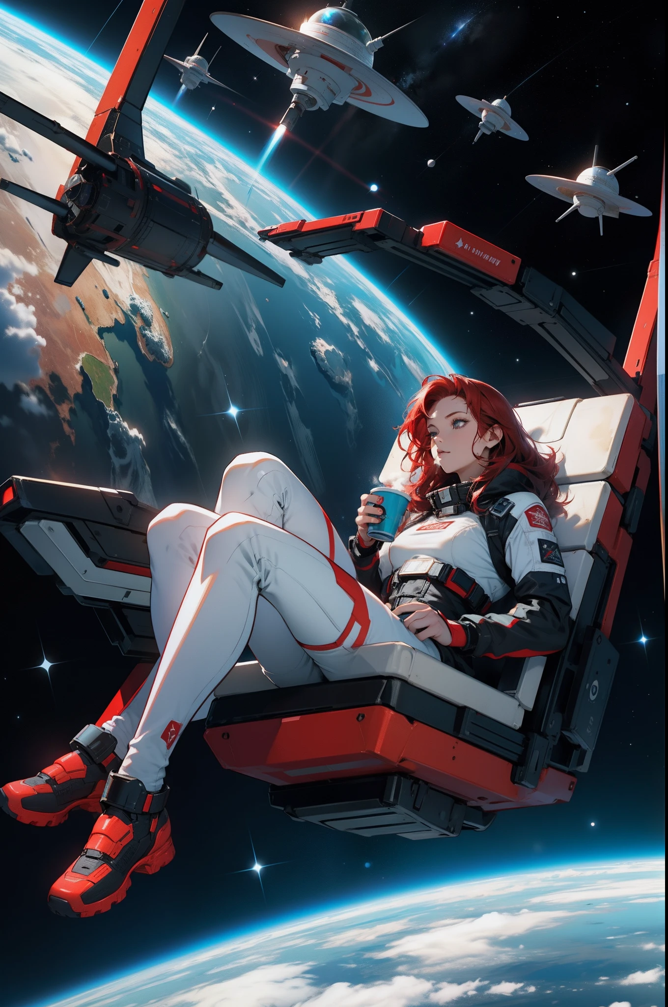 A red-haired beauty in a black spacesuit is floating in outer space drinking a cup of coffee several floating planets Atalho de cabelo vermelho multiple spaceships floating