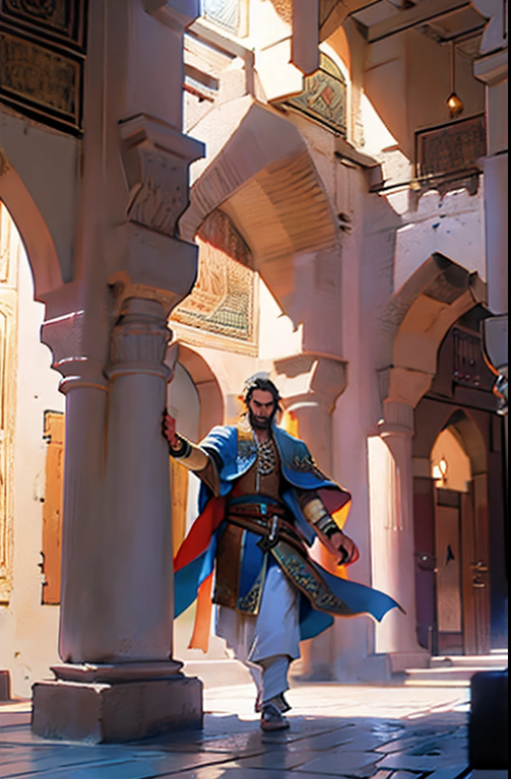 Castlevania Shadow Lord hyper realistic super detailed Dynamic shot Super detailed masterpiece Super detailed Moroccan characters Wear traditional Moroccan clothes in architecture Moroccan medieval environment super detailed hyper realistic extremely detailed epic cinematic scenes Legendary perspective environment 7 characters in the scene