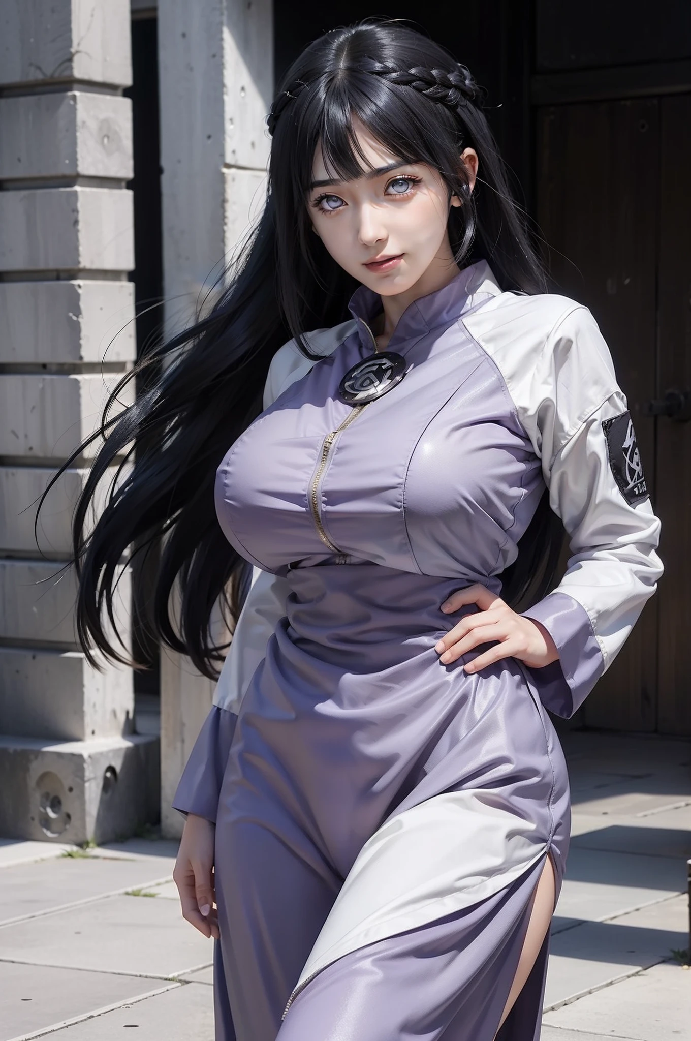 1girl, hyuga hinata in anime naruto, long hair, black hair, white eyes, smile, beautiful, sexy dress, sexy clothes, purple clothes, very big breast, realistic clothes, detail clothes, outdoor background, ultra detail, realistic