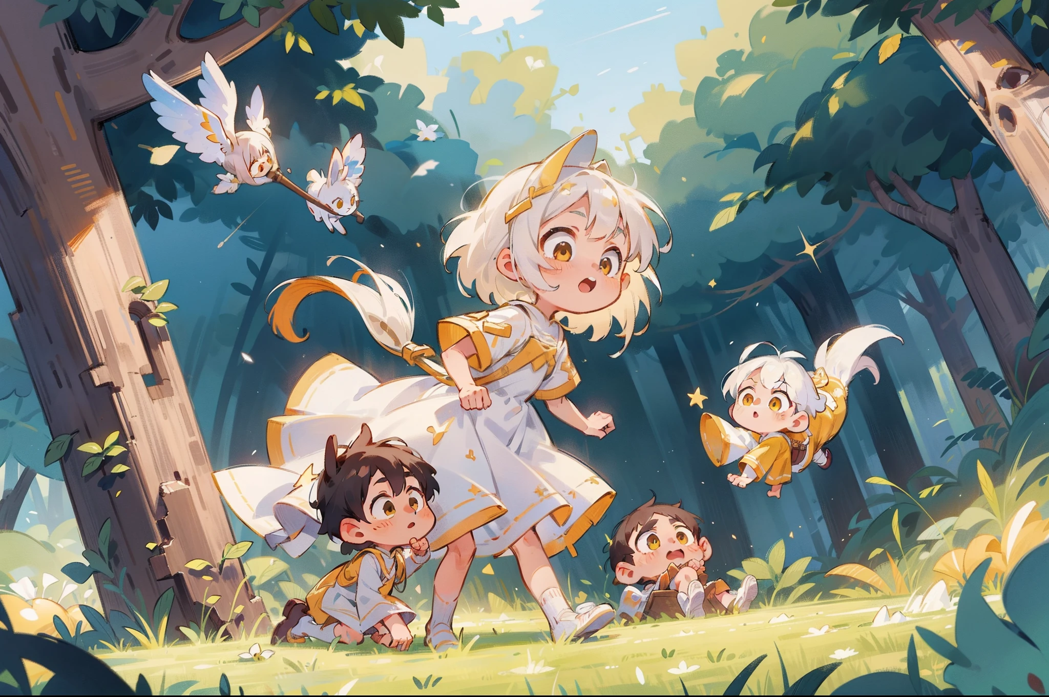highly details, hyper-detailing,8k， Super high resolution Two cute and innocent children，children，Children，（6 years old boy：with short white hair，Yellow eyes，White priesthood dress），（6year old girl：long  white hair，dual horsetail，Yellow eyes，White priesthood dress，shift dresses），Play in space，Bathe in starlight，galactic