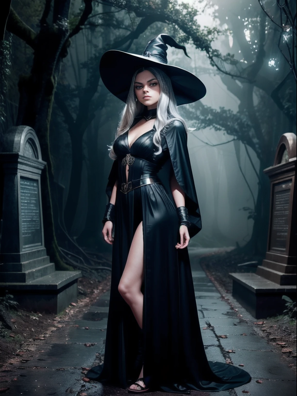 RAW photo, sci-fi, vintage, futuristic, raw photo, preteen Mila Kunis in an old graveyard and its raining.⛈️🦇, skin invisible, full body, witch, Sensual beautiful woman with round cheeks, realistic facial expression, light red eyes, pale skin, wavy white hair, long hair, witch hat, white skin, slender body, wearing full body black robe with rich decoration, confident expression, (fireflies, glowing particles, ethereal fog, faint darkness), high saturation, film light, rim light, best shadows, pointing here, background is urban ruins, (very detailed skin: 1.2), 8k UHD, DSLR, soft lighting, high quality, film particles, fujifilm XT3