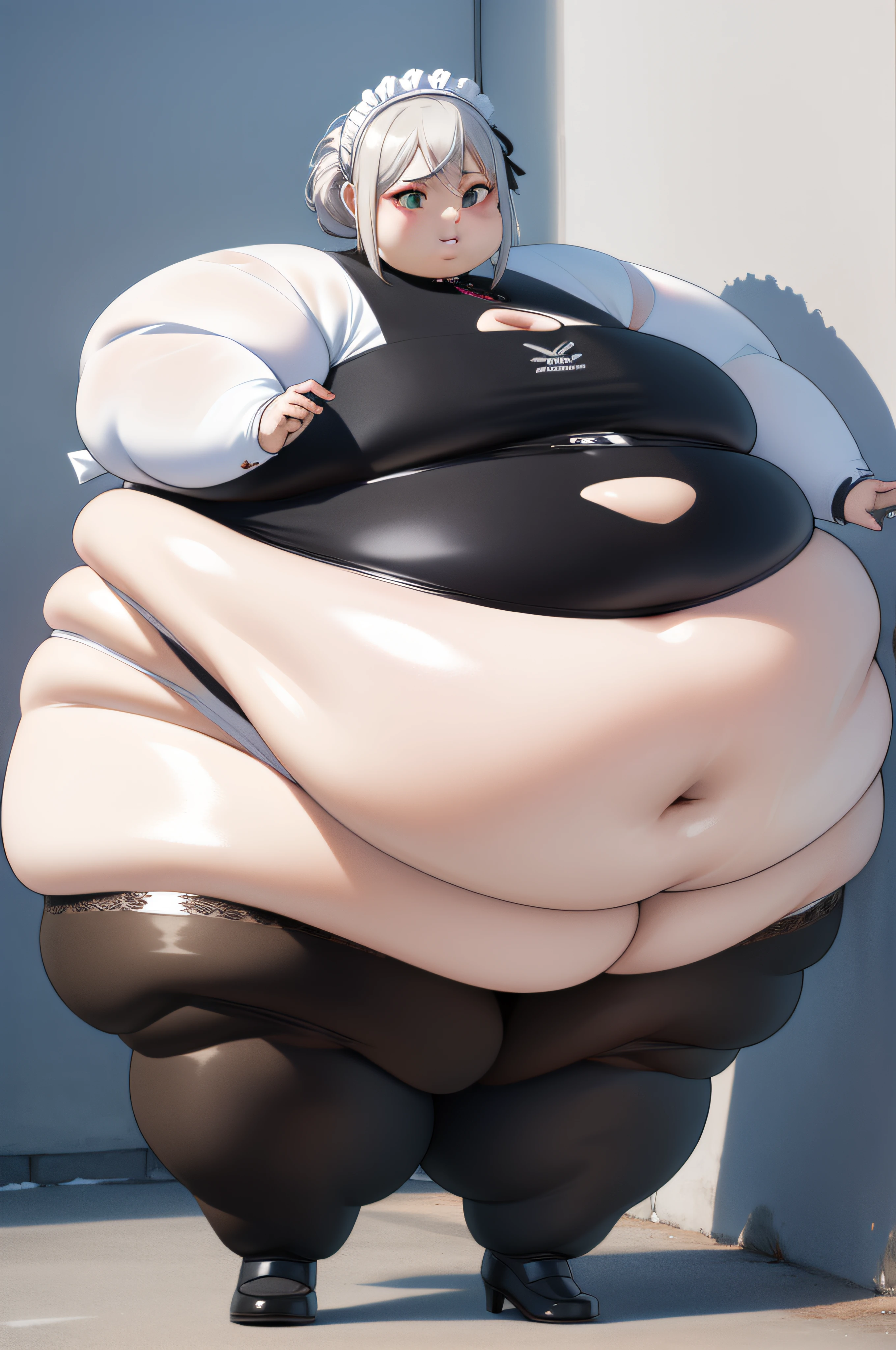 "(Maid femenina caricaturesca en armadura desordenada y postura seductora, Looking at the camera from behind; con Fallas en la vestimenta, Calzones rosas) cuerpo completo, Chica anime, obra maestra, NSFW, figura gorda con curvas muy llenas"