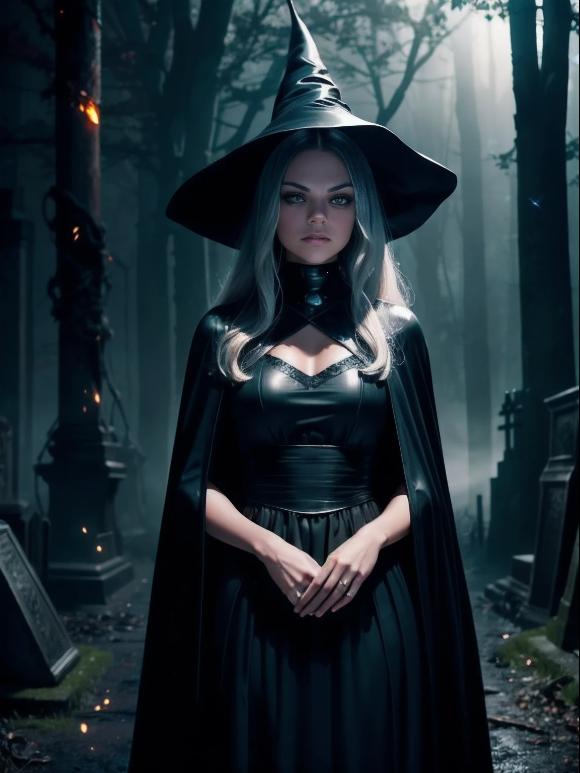 RAW photo, sci-fi, vintage, futuristic, raw photo, preteen Mila Kunis in an old graveyard and its raining.⛈️🦇, skin invisible, full body, witch, Sensual beautiful woman with round cheeks, realistic facial expression, light red eyes, pale skin, wavy white hair, long hair, witch hat, white skin, slender body, wearing full body black robe with rich decoration, confident expression, (fireflies, glowing particles, ethereal fog, faint darkness), high saturation, film light, rim light, best shadows, pointing here, background is urban ruins, (very detailed skin: 1.2), 8k UHD, DSLR, soft lighting, high quality, film particles, fujifilm XT3