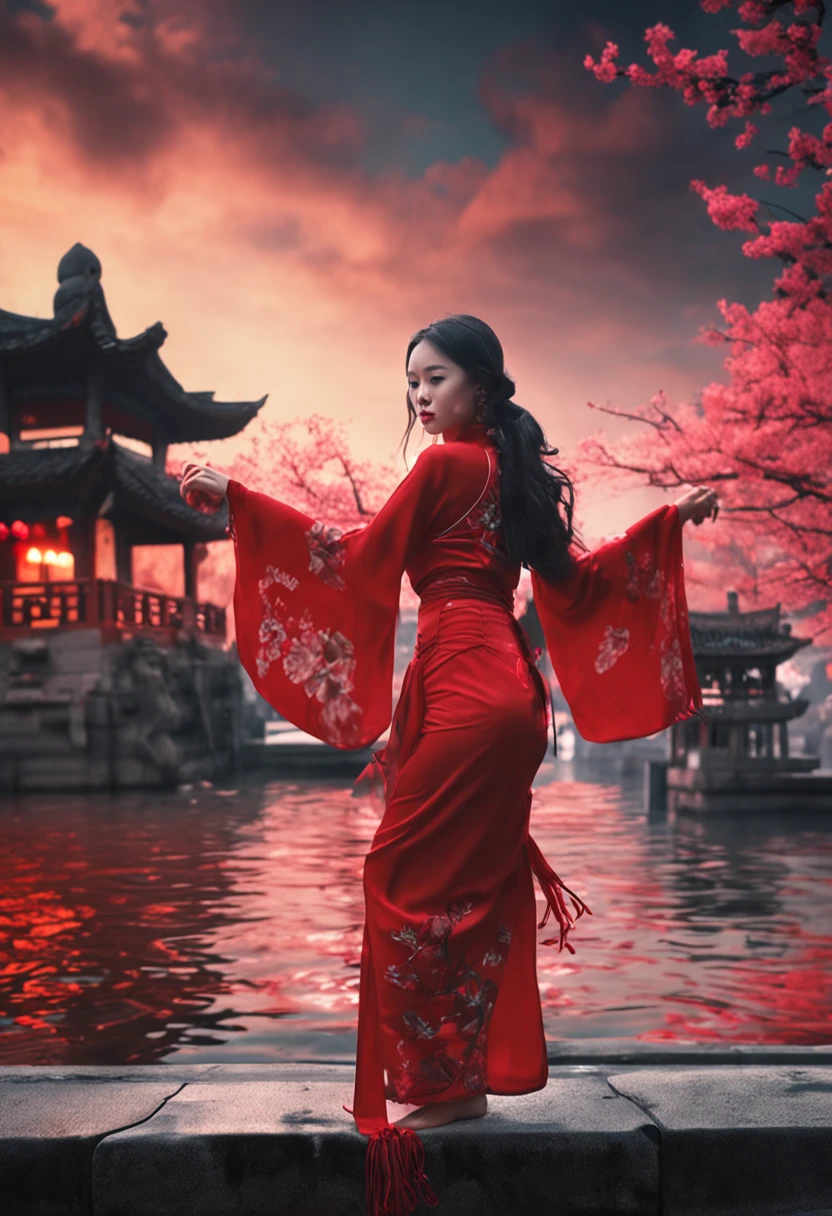 oriental girl,Lewdness,Red cheongsam swimsuit,Long flowing hair,clothes wet
