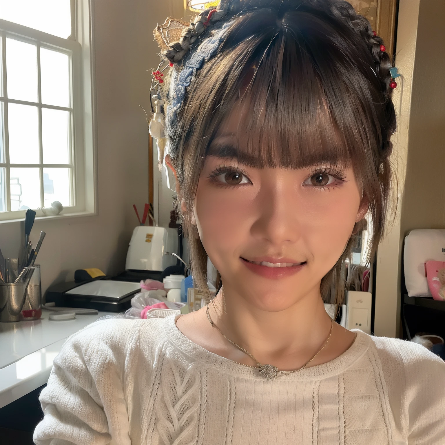 masterpiece、hightquality、ighly detailed、1girl in、独奏、A smile、a closeup、Knitted clothing、Looking at the camera、Office、anime styled、2D