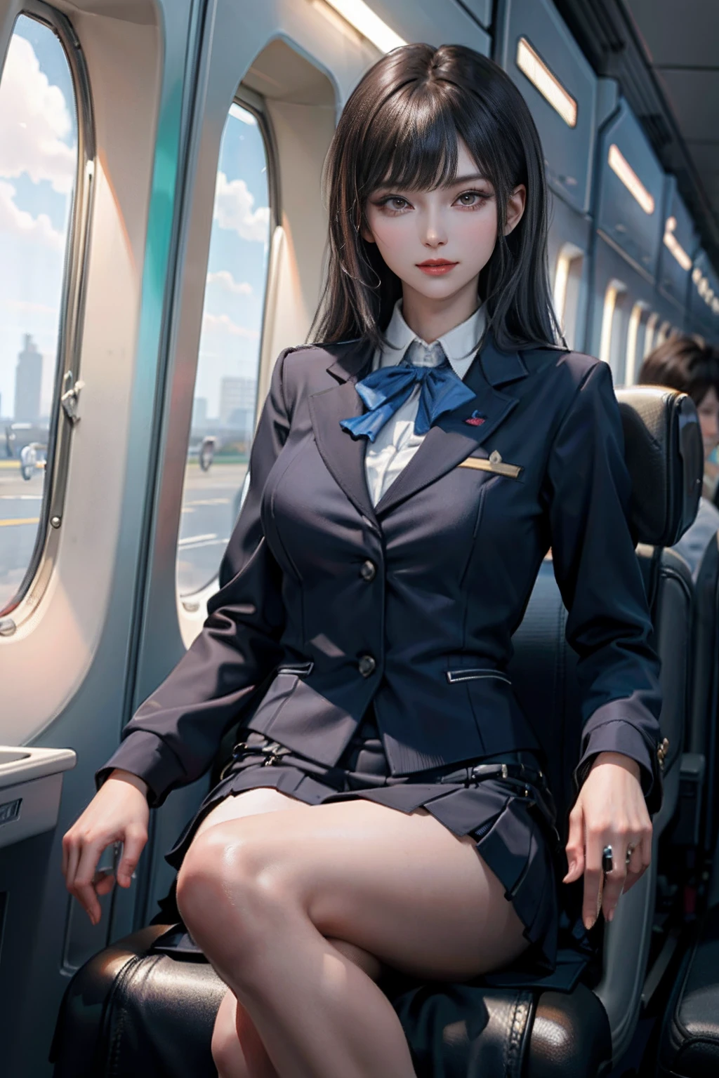 (masterpiece:1.2, best quality), 1lady, solo, Flight attendant, Uniform, Airplane, Serving passengers, Providing safety instructions, Responding to emergencies, bangs, (shiny skin:1.15),