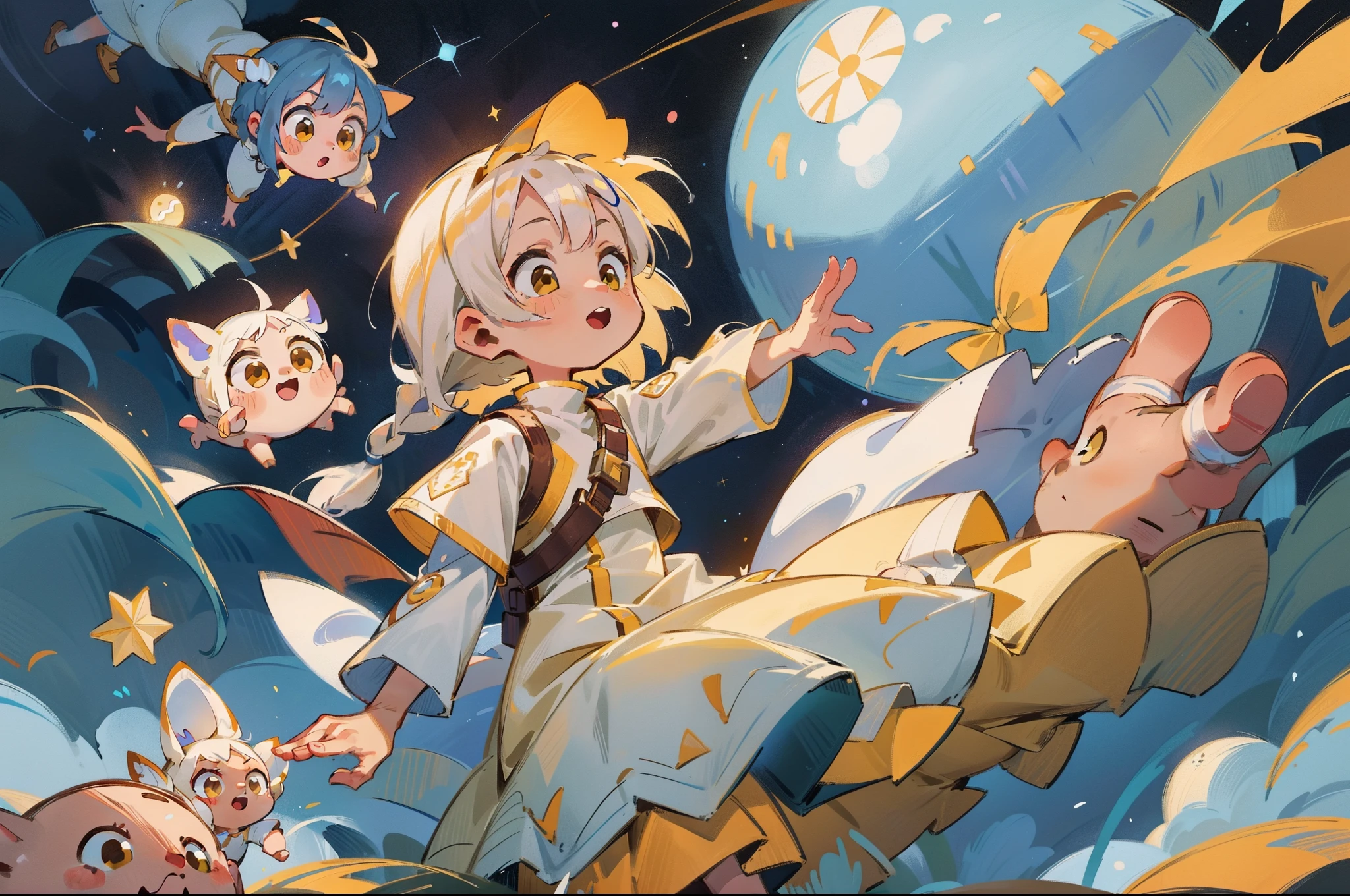 highly details, Hyper-detailing,8K, Super high resolution Two cute and naïve kids playing in space,Children,Children,( boy:with short white hair,Yellow eyes,White priest dress),(6year old girl:long white hair,dual horsetail,Yellow eyes,White priest dress,shift dresses),Play in space,Bask in starlight,galactic,deep blue background