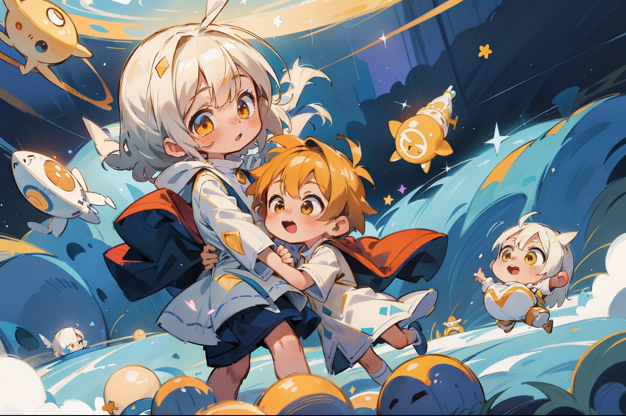 highly details, Hyper-detailing,8K, Super high resolution Two cute and naïve kids playing in space,Children,Children,(6 years old boy:with short white hair,Yellow eyes,White priest dress),(6year old girl:long white hair,dual horsetail,Yellow eyes,White priest dress,shift dresses),Play in space,Bask in starlight,galactic,deep blue background
