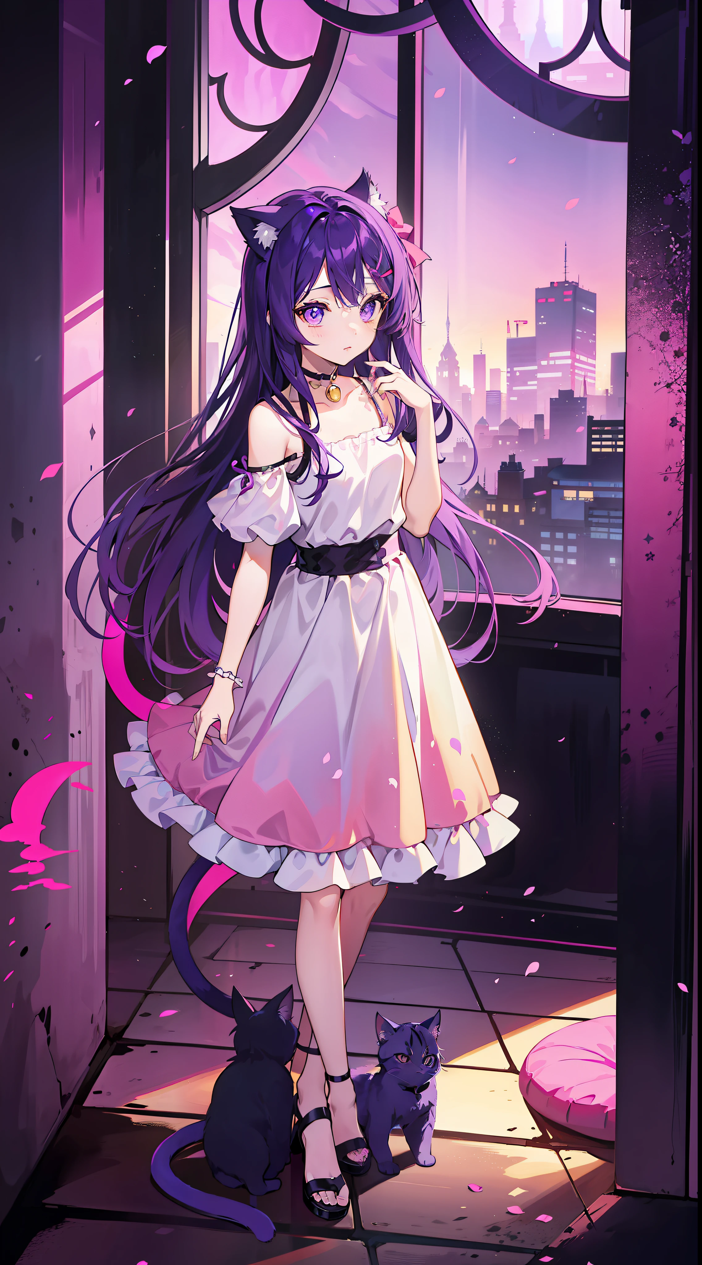 A , Shoulders Long Hair, Purple Hair, Small Purple Cat Ears, A Purple Cat Tail, long dress beautiful, Amine Style, kitten