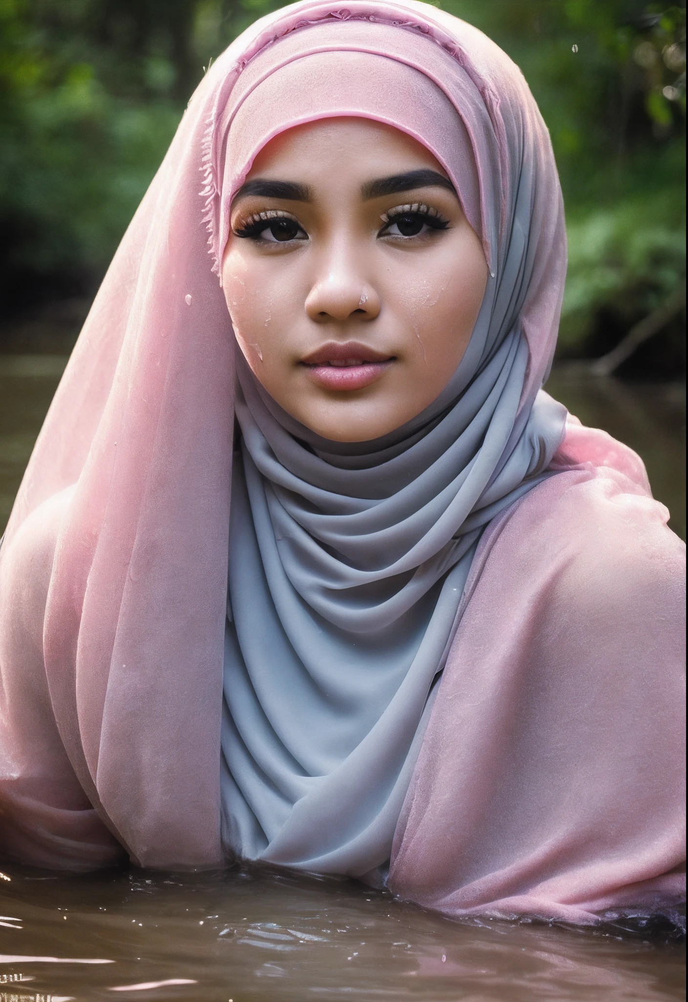 (2 young malay girls:1.3), malay face,(Naked:1.3), (hijab:1.4), Beautiful breasts, (Details of a very beautiful face), beautiful butt, wear pastel color hijab, detail skin texture, (Best Quality:1.4), 8K resolution, High resolution, (Photorealistic, High resolution:1.4), Raw photo, (Realistic, Photorealistic:1.37), Gloss on lips, Parted lips, Staring at me, Nose, Realistic, the woods, cinematic lighting, taking bath in river, wet body, wet face,