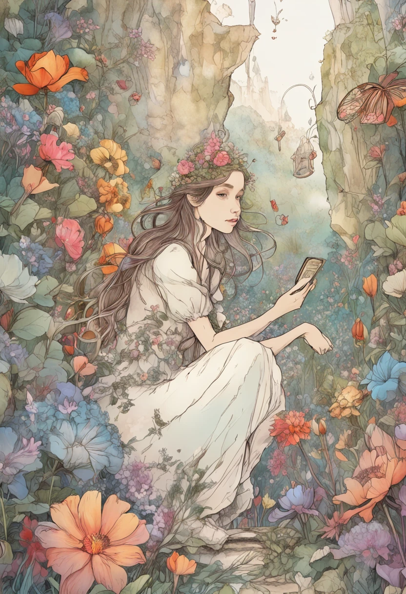 Manhwa Style, Paint with vivid watercolors , florals ,Colorful flowers ,extremely detaile, highly detailed, tmasterpiece, Fairy tale background, in wonderland, Dynamic colors, Fairytale glow, author:Beatrix Potter 和 Jean-Baptiste Monge, 32k ULTRAHD