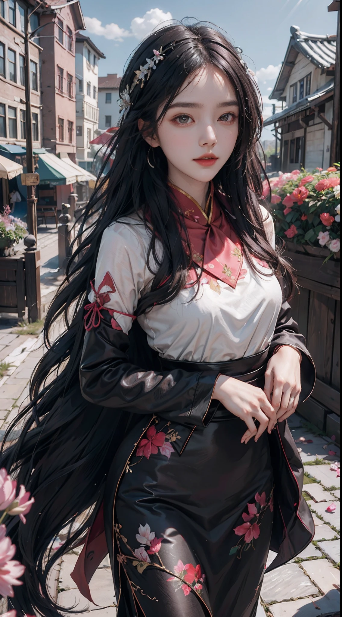 32K(tmasterpiece,k hd,hyper HD,32K)Long flowing black hair,ponds,zydink, a color, Xuzhou people (Seduce girls), (Red scarf in the snow), Combat posture, looking at the ground, long hair, white hair, Carp pattern headdress, Chinese long-sleeved silver cheongsam, (Abstract gouache splash:1.2), Pink petal background,Tulips flying(realisticlying:1.4),Black color hair,Fallen leaves flutter,The background is pure, A high resolution, the detail, RAW photogr, Sharp Re, Nikon D850 Film Stock Photo by Jefferies Lee 4 Kodak Portra 400 Camera F1.6 shots, Rich colors, ultra-realistic vivid textures, Dramatic lighting, Unreal Engine Art Station Trend, cinestir 800,Long flowing black hair,see-through transparent clothes