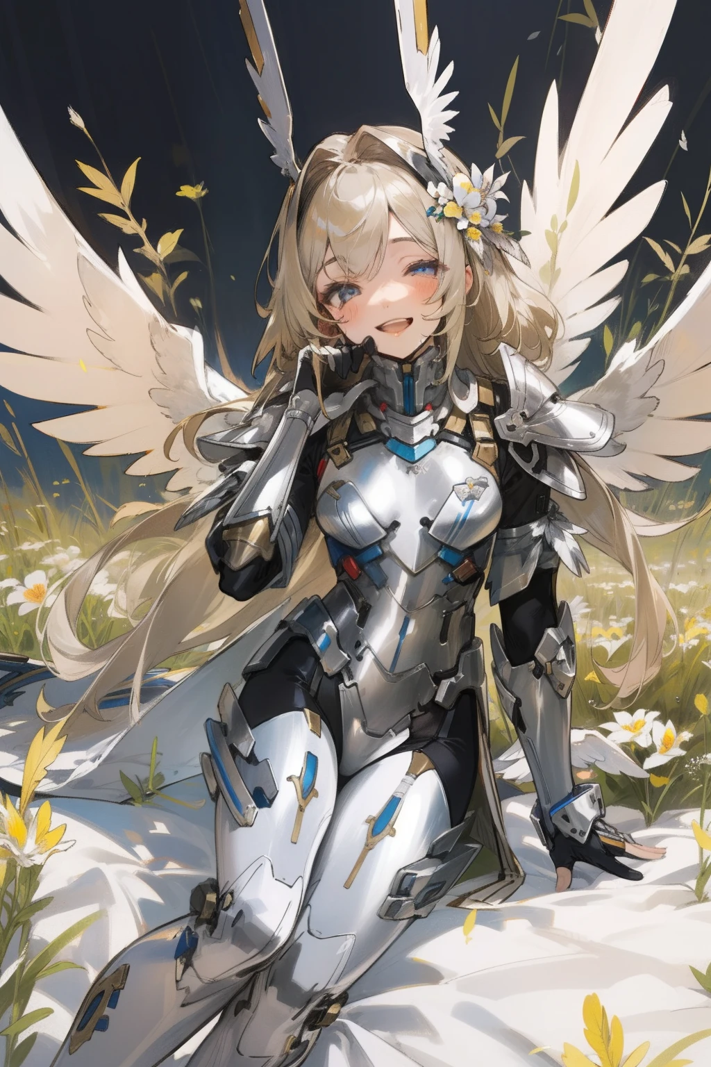(master piece, Best Quality), Intricate details, valkyrie, kawaii, Happy smile, (((Laugh))), Looking at Viewer, Hand up, Feather Headgear, Flower meadow, Sitting, flat breast, 22year old, White Balance,
1 girl in, Solo, Portrait, Long Plutinum Blonde Hair, drooing eyes, Silver Single Thigh, Silver Independent Single Sleeve, silver gloves,
mecha musume, Silver Bodysuit, Silver Reinforced Suit, Closing feather wings, Break the wings, silver pantyhose, Silver Full Armor, flower decoration, equip sword,