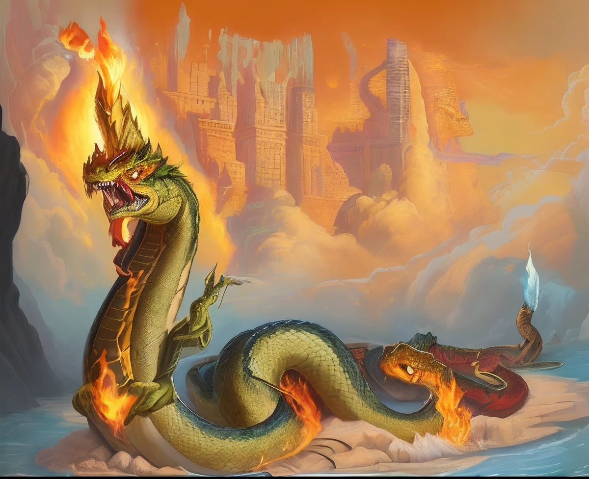 Drawing of a snake with a long neck and long tail, naga-tirr, snake, snake, Portrait of the Holy Serpent, snake, Naga-Hakash, fire flaming serpent, artwork, Oil painting of a dragon, serpentine water monster, Jormun-gun, overload, album cover, The snake has very mysterious wings.., Long Hell Giant Snake