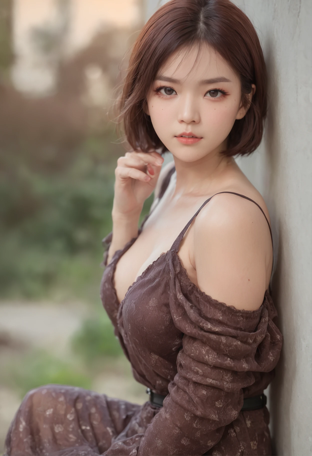 SEX、angry looking face、Small eyes、Short hairstyle、Little fat woman、20yr old、A dark-haired、hide the chest with your hands、seminude、Autumn landscape、Hair illuminated by the sun、hitornfreckles、tiny chest、Round butt、Camisole、Buttocks stick out of underwear
