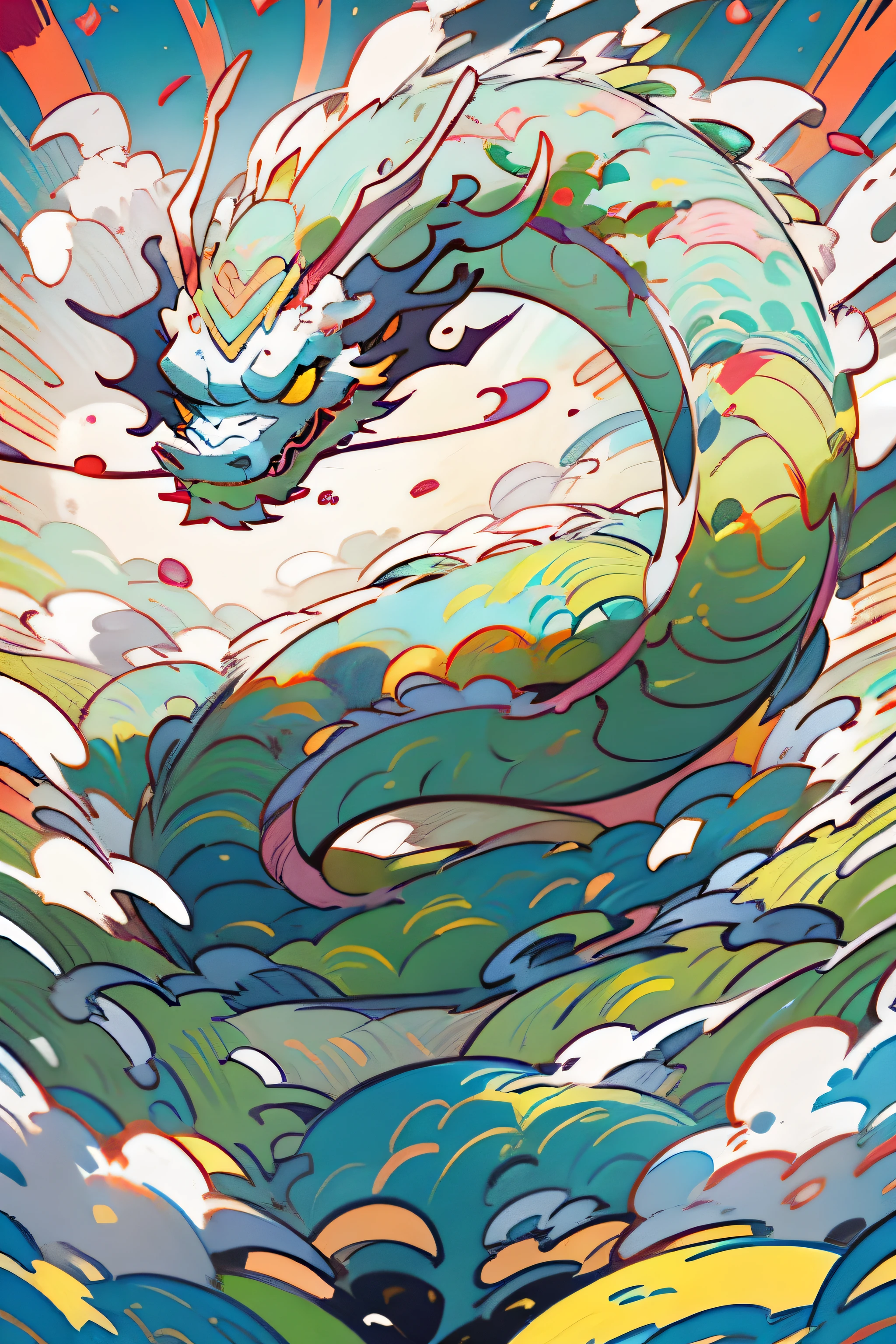 Creative illustration design with the theme of the Year of the Dragon,Combine dragon elements for creation,The colors are bright and bright,Strong visual impact,Have a New Year's vibe to set off the festivities。