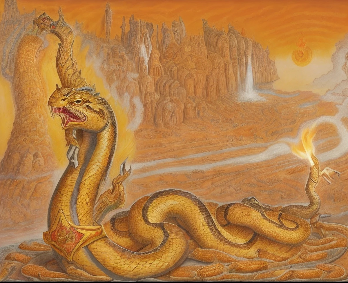 Drawing of a snake with a long neck and long tail, naga-tirr, snake, snake, Portrait of the Holy Serpent, snake, Naga-Hakash, fire flaming serpent, artwork, Oil painting of a dragon, serpentine water monster, Jormun-gun, overload, album cover, The snake has very mysterious wings.., Long Hell Giant Snake
