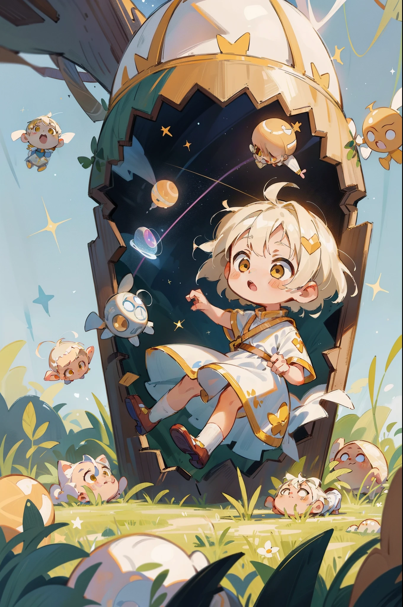 highly details, Hyper-detailing,8K, Super high resolution Two cute and innocent children,Children,Children,(6 years old boy:with short white hair,Yellow eyes,White priest dress),Play in space,Bask in starlight,galactic