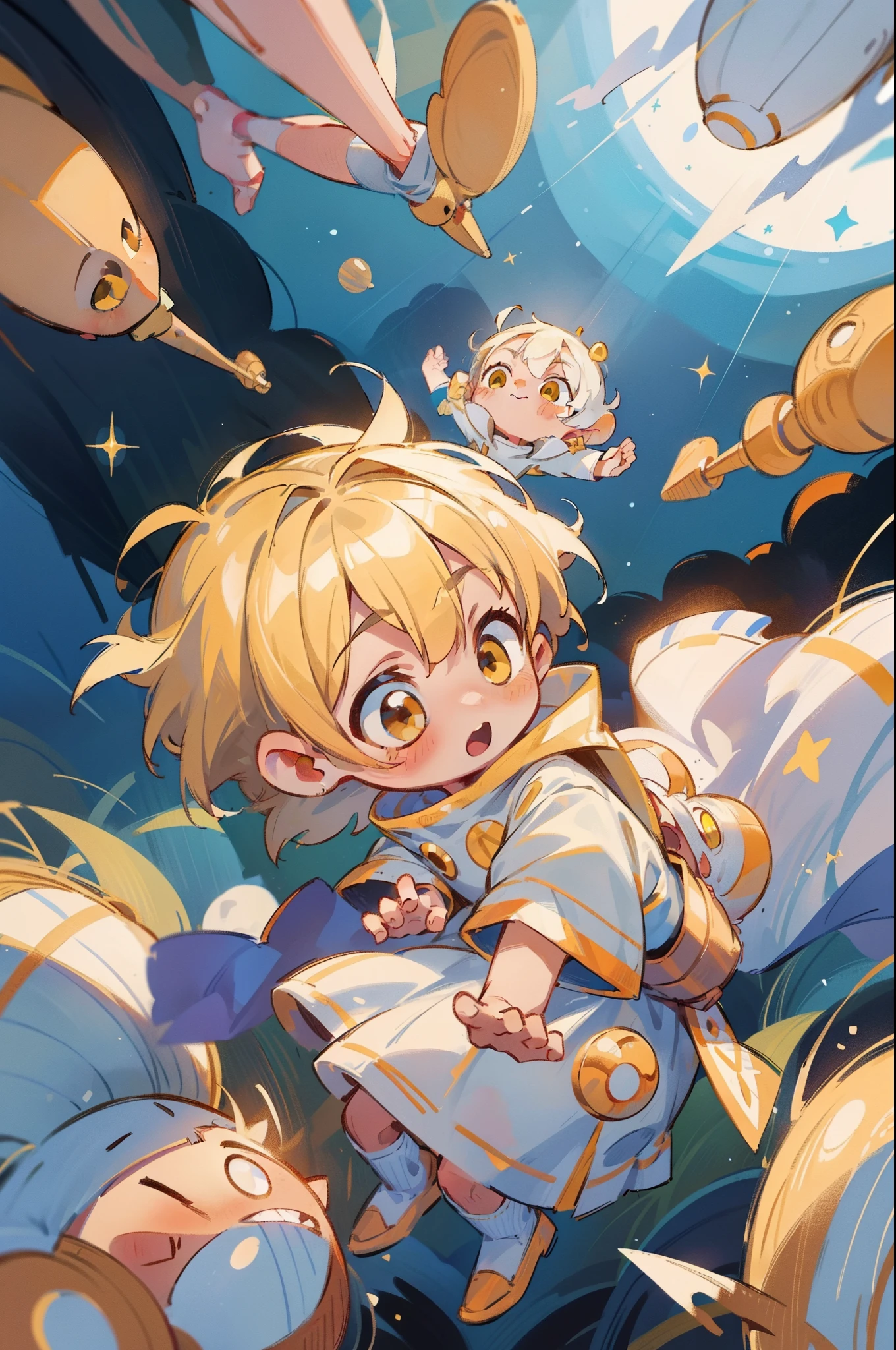 highly details, Hyper-detailing,8K, Super high resolution Two cute and innocent children,Children,Children,(6 years old boy:with short white hair,Yellow eyes,White priest dress),Play in space,Bask in starlight,galactic