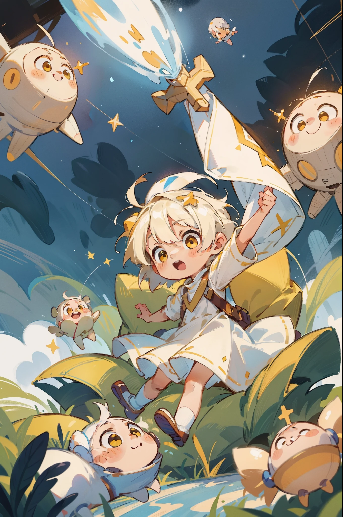 highly details, Hyper-detailing,8K, Super high resolution Two cute and innocent children,Children,Children,(6 boy:with short white hair,Yellow eyes,White priest dress),Play in space,Bask in starlight,galactic