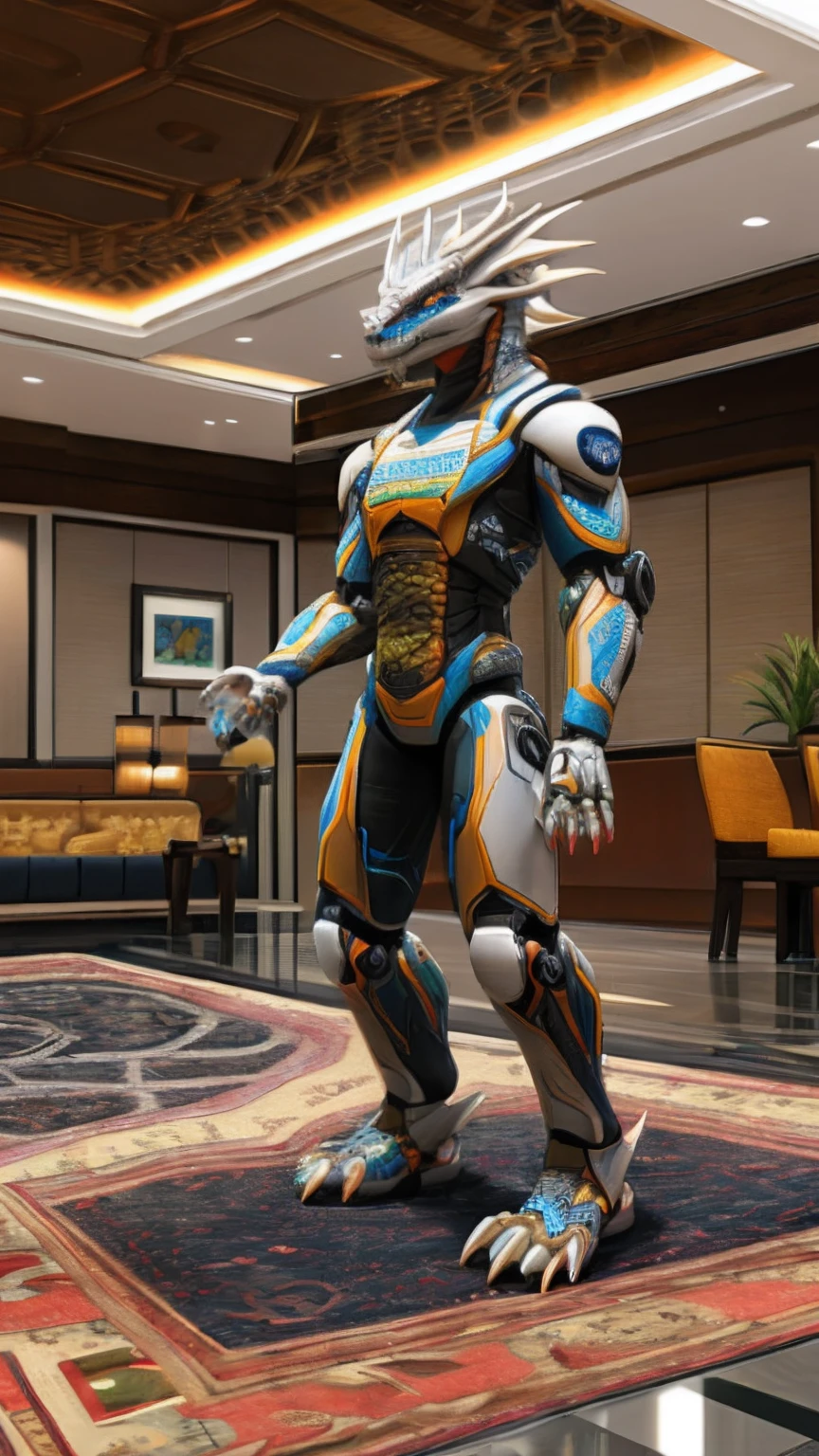 Bionic robot dragon,female,White Hanfu,sandals,anthor,Children,Standing on the carpet in the hotel,HD graphics,Detailed and realistic,high detal,high qulity,photo-realistic,photorealistic eye,Detailed paws,Clear eyes,Masterpiece artwork,Five-fingered hands,top-quality,32k,hyper HD