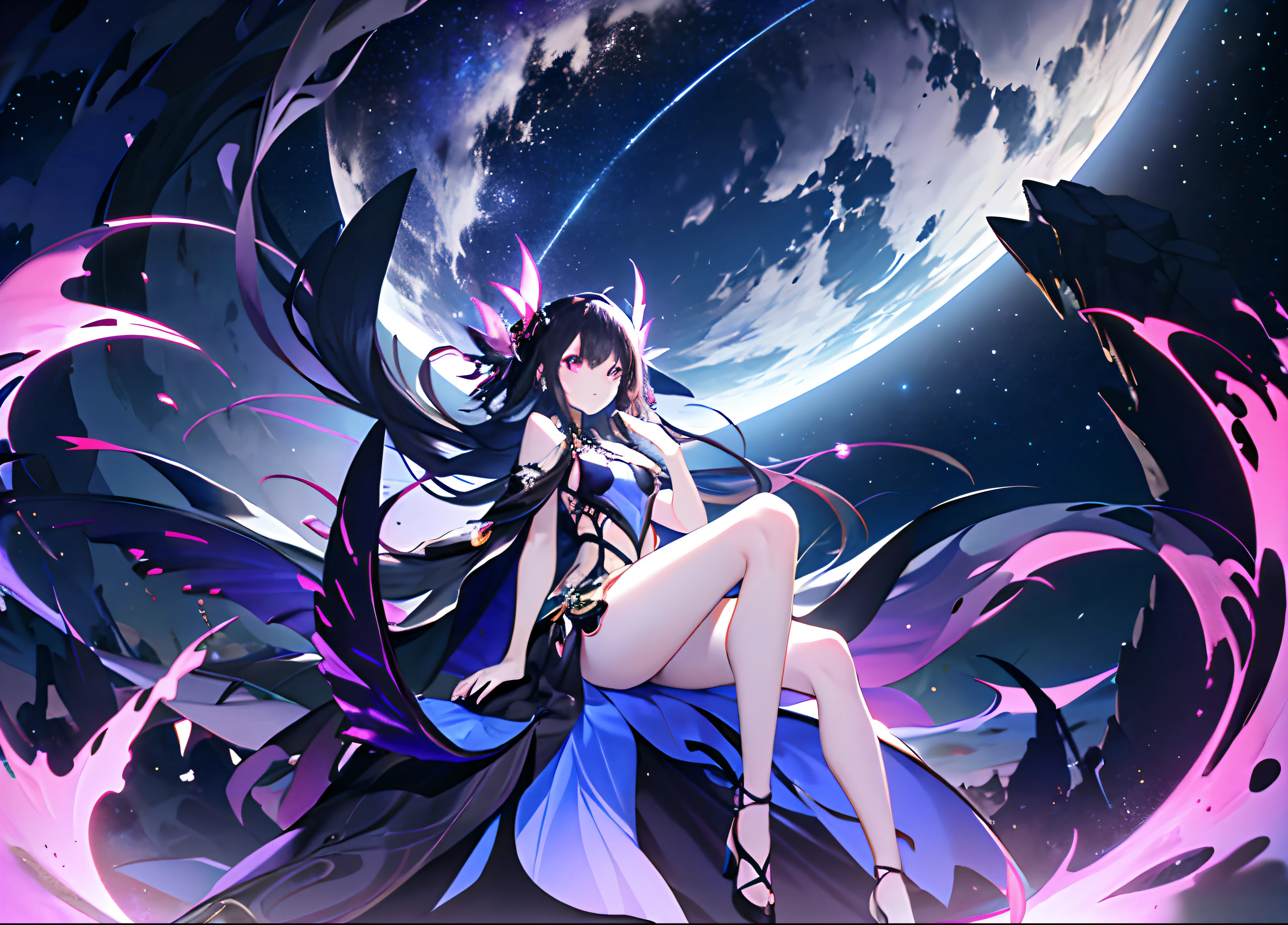 (((hyper detail))), farthest end, abyss, unidentified creature, best quality, best image quality, beautiful girl, beautiful legs, night sky, looking up at the sky, full body