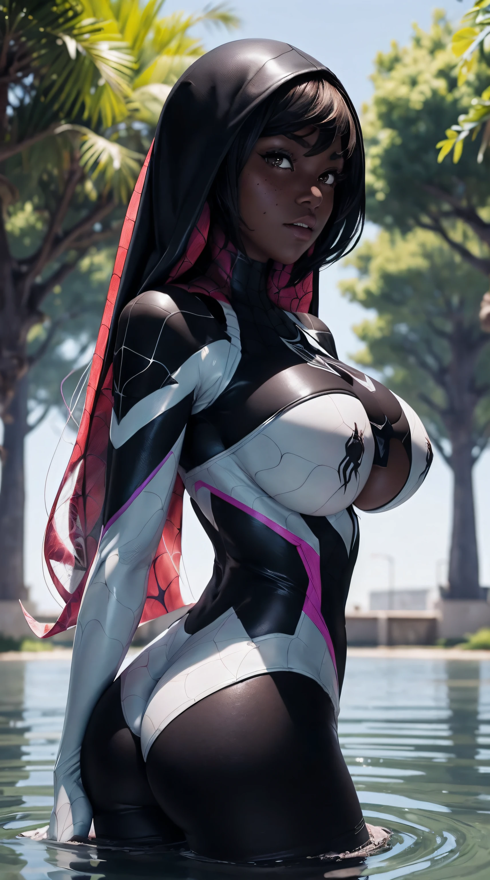 nAbsoluteReality,EndlessReality, EpicRealism, Hentai, RealisticVision, UniverseStable, super reality, Trees, Grass, sun going down, Looking_At_Viewer, (Busty), (((((Large Boobs))))), ((ahegao_face)), side_view, Side_Boob, Butt_Showing, Looking_At_Viewer, Detailedeyes, Detailedface, Detailedhands, detailedhair, perfecthands,Lucy_Heartfilia, 18 year old, freckles,butt_freckles,bootylicious, ,arms under boobs,(squishy boobs),tight_clothes,apple ass, butt_cheeks, standing in water,((Squishing boobs))),no blur,{{{big_breasts}}},(((((((1 very dark skinned black girl)))))), ((1 dark skinned African girl)),(((Spider Gwen cosplay))),