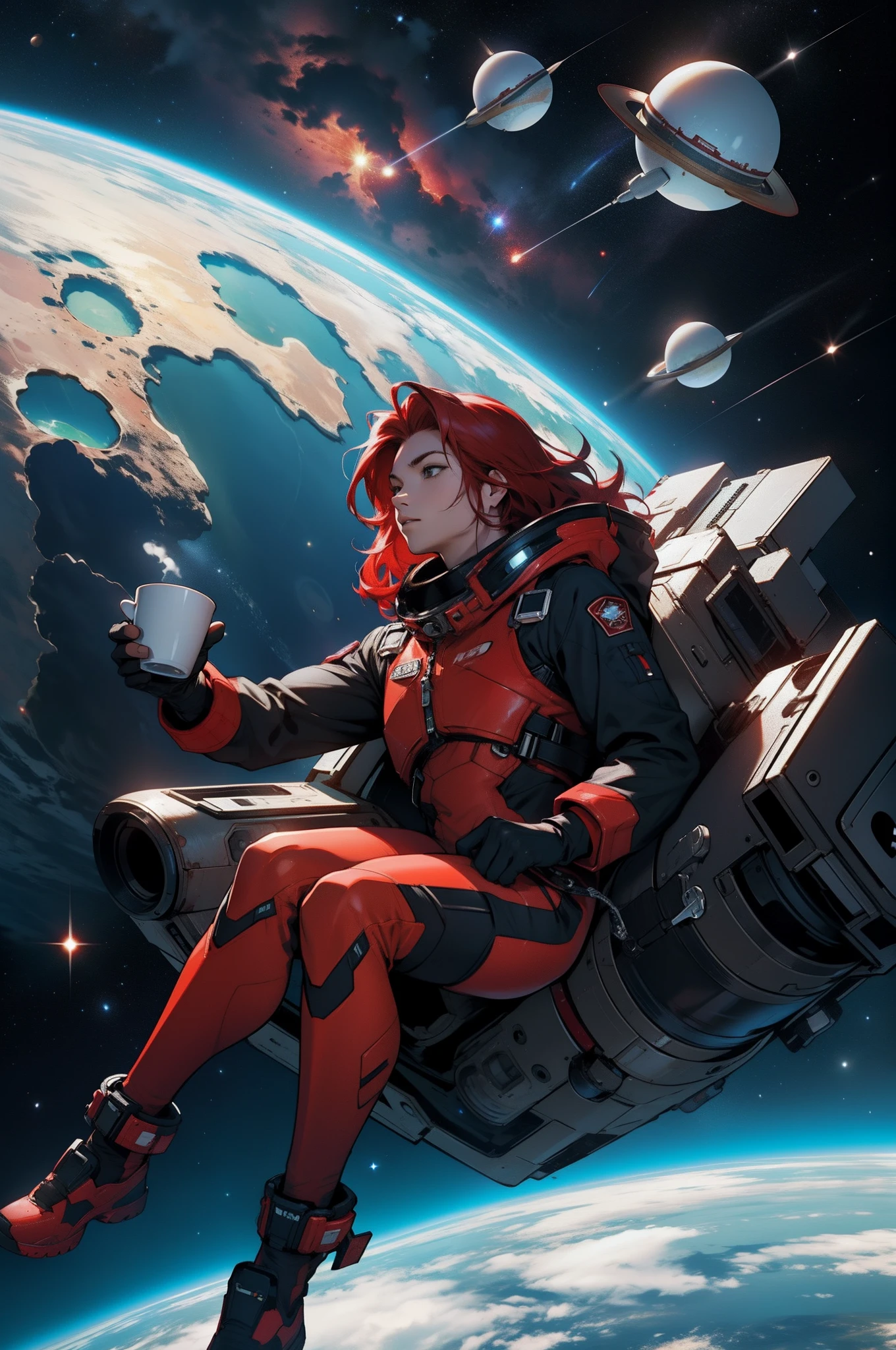 A red-haired beauty in a red spacesuit is floating in outer space drinking a cup of coffee various floating planets Atalho de cabelo vermelho multiple spaceships floating