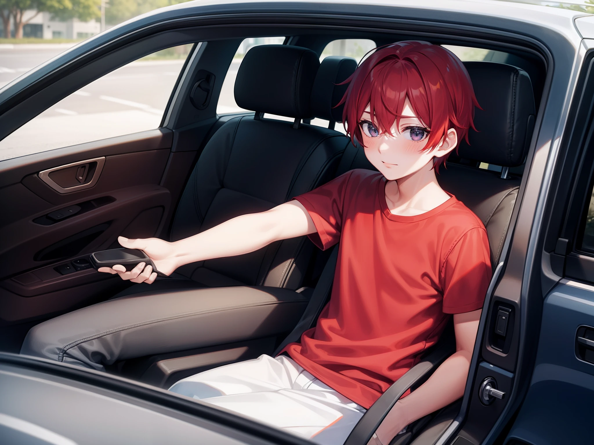 A red-haired boy,Sitting in the car with a shy face,Blushing