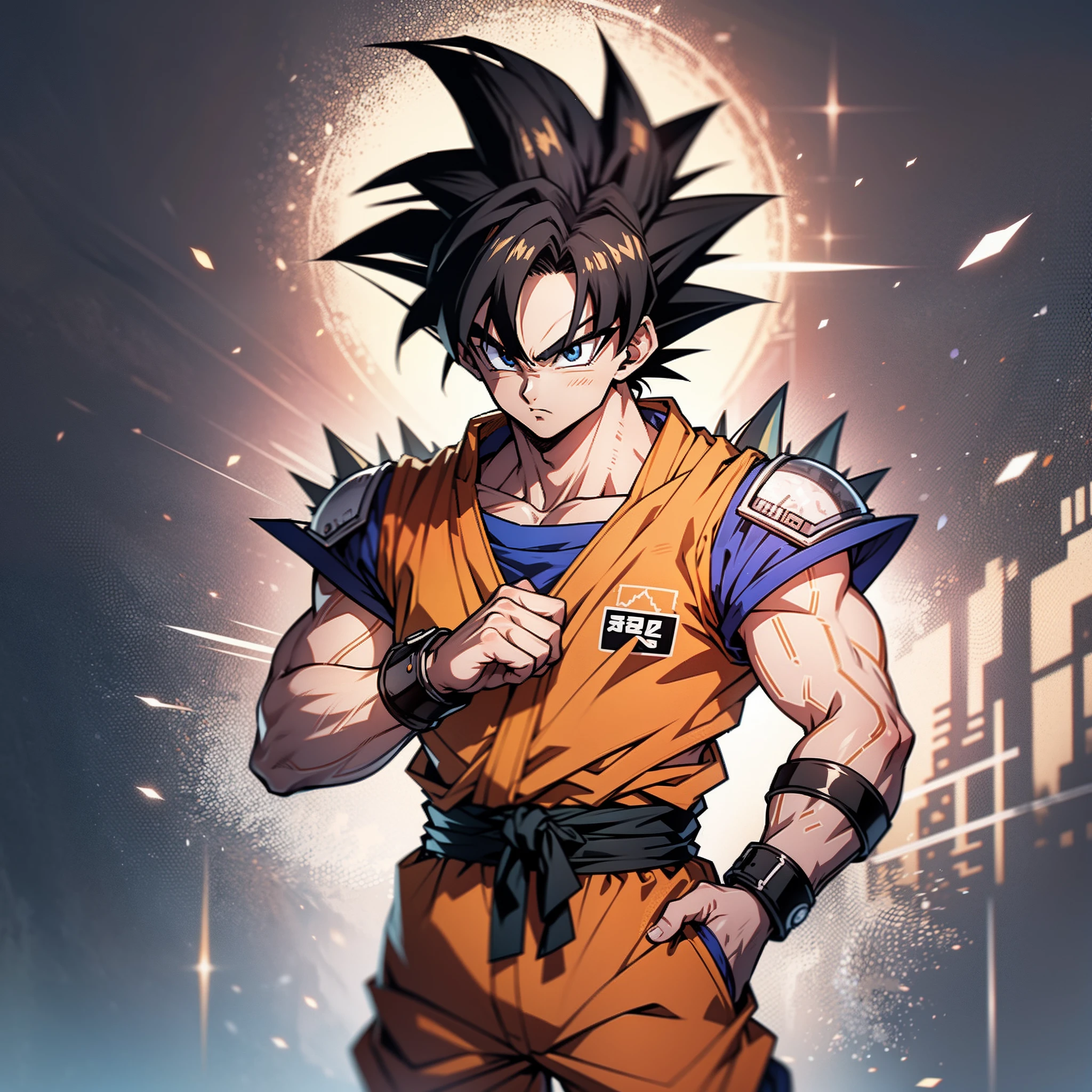 (masterpiece), best quality, ultra-detailed, Goku from Dragon Ball Z with spiky black hair, wearing orange clothes, Retro style.