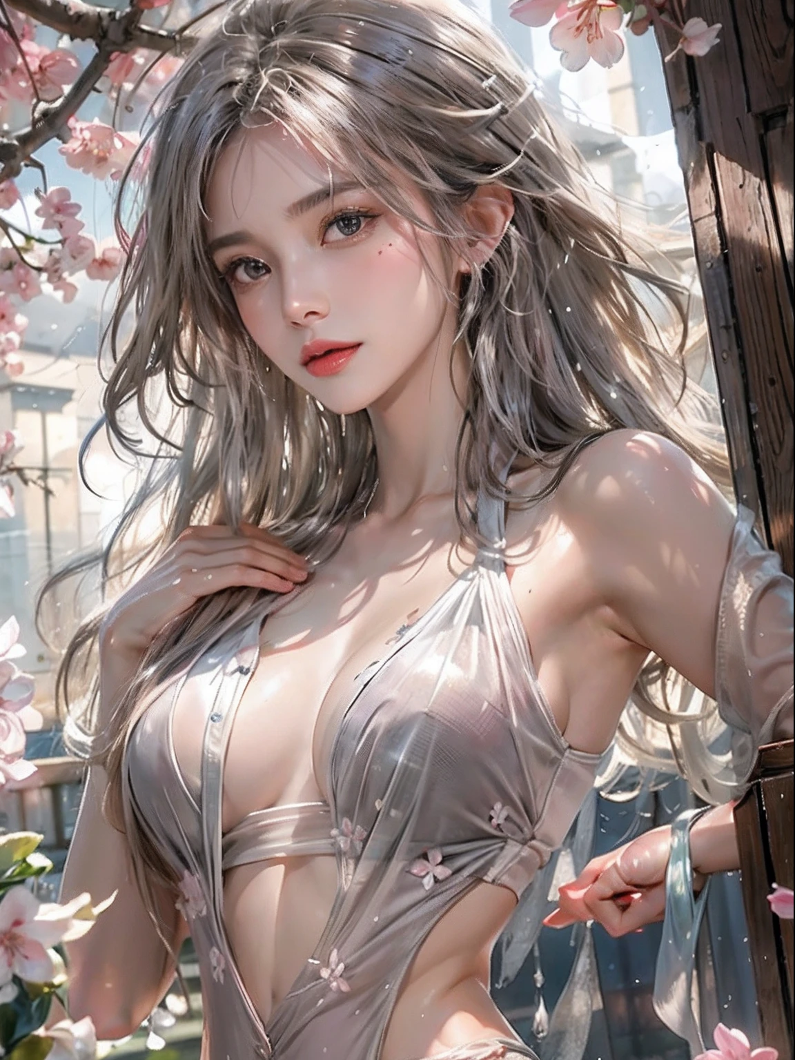 Photorealistic, High resolution, Soft light,1womanl, Solo, hips up high, glistning skin, (Detailed face),The tattoo, Jewelry, Wedding see-through hanf, cherry blossom, Night, White wavy hair, Beautiful Soldier, An eye that invites the viewer, Lover's perspective, inviting expression, Sexy smile, Perfect Style, Perfect balance, Detailed skin, Naughty gaze, Chest visible、see -through、Sheer feeling、Wet skin、Wet hair、Spread hair、Spread Stall、Wet clothes、sodden、See-through Halter neck、See-through gowns、Navel Ejection、the back is open、
