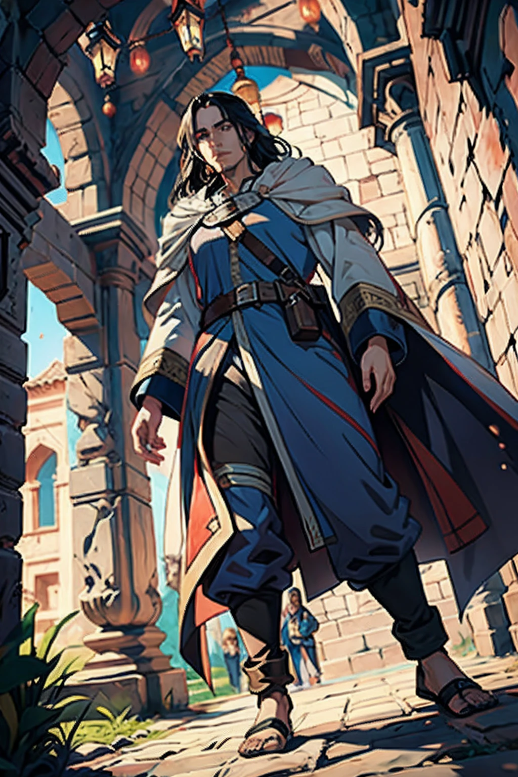 Castlevania Shadow Lord hyper realistic super detailed Dynamic shot Super detailed masterpiece Super detailed Moroccan characters Wear traditional Moroccan clothes in architecture Moroccan environment super detailed hyper realistic extremely detailed Epic cinematic scenes Legendary perspective environment 7 characters in the scene