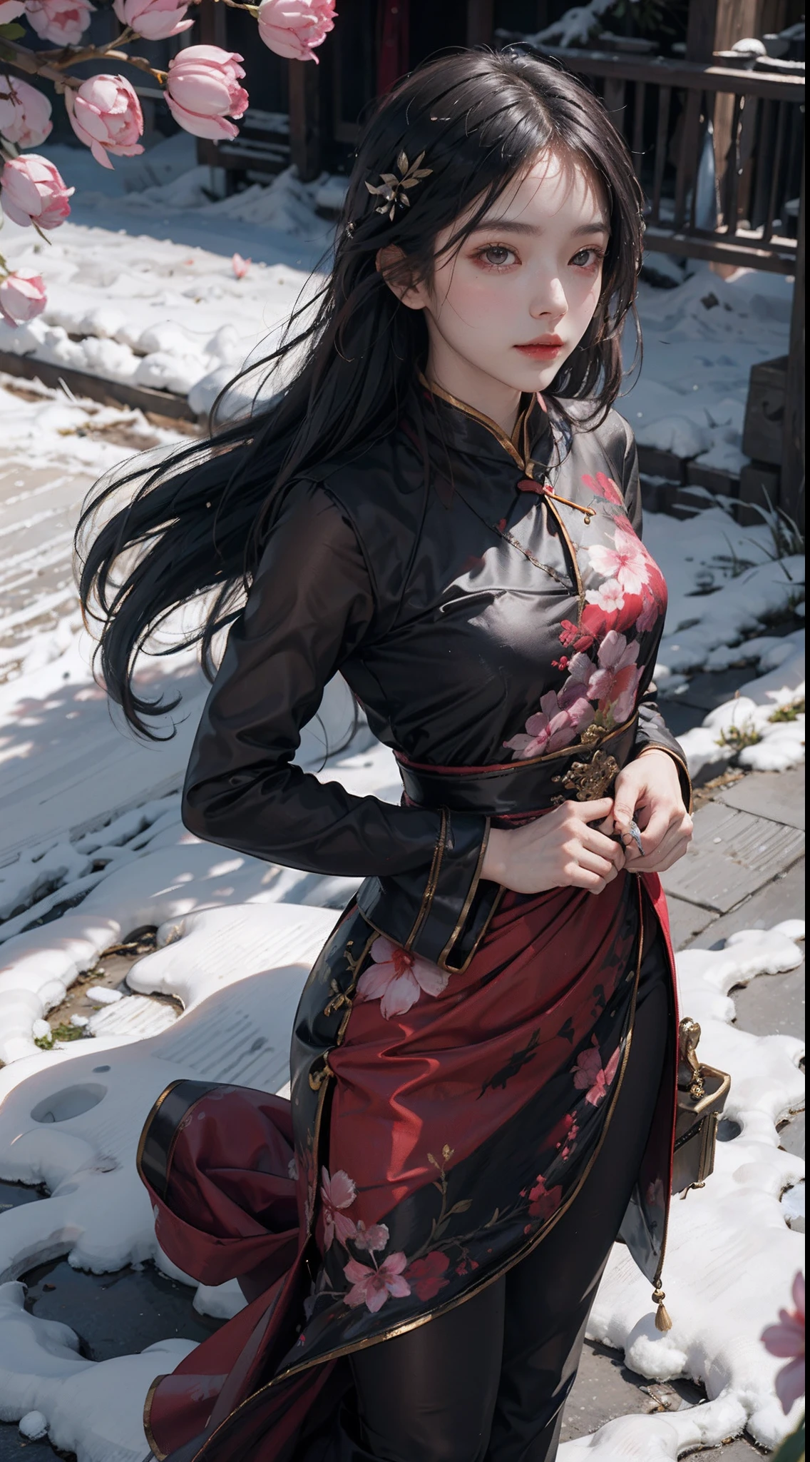 32K（tmasterpiece，k hd，hyper HD，32K）Long flowing black hair，ponds，zydink， a color， Xuzhou people （Seduce girls）， （Red scarf in the snow）， Combat posture， looking at the ground， long hair， white hair， Carp pattern headdress， Chinese long-sleeved silver cheongsam， （Abstract gouache splash：1.2）， Pink petal background，Tulips flying（realisticlying：1.4），white color hair，Fallen leaves flutter，The background is pure， A high resolution， the detail， RAW photogr， Sharp Re， Nikon D850 Film Stock Photo by Jefferies Lee 4 Kodak Portra 400 Camera F1.6 shots, Rich colors, ultra-realistic vivid textures, Dramatic lighting, Unreal Engine Art Station Trend, cinestir 800，Long flowing black hair，see-through transparent clothes