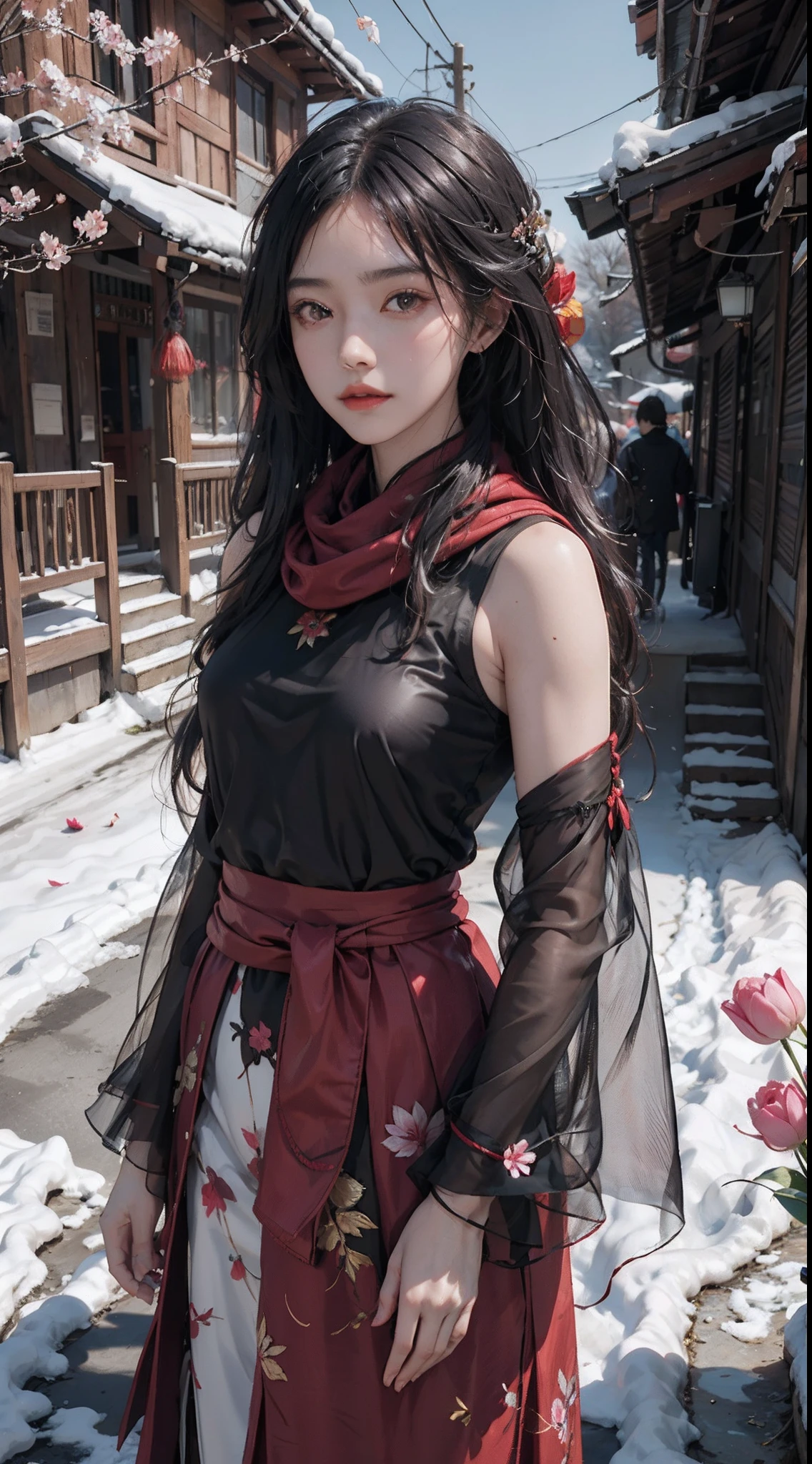 32K(tmasterpiece,k hd,hyper HD,32K)Long flowing black hair,ponds,zydink, a color, Xuzhou people (Seduce girls), (Red scarf in the snow), Combat posture, looking at the ground, long hair, white hair, Carp pattern headdress, Chinese long-sleeved silver cheongsam, (Abstract gouache splash:1.2), Pink petal background,Tulips flying(realisticlying:1.4),Black color hair,Fallen leaves flutter,The background is pure, A high resolution, the detail, RAW photogr, Sharp Re, Nikon D850 Film Stock Photo by Jefferies Lee 4 Kodak Portra 400 Camera F1.6 shots, Rich colors, ultra-realistic vivid textures, Dramatic lighting, Unreal Engine Art Station Trend, cinestir 800,Long flowing black hair,see-through transparent clothes
