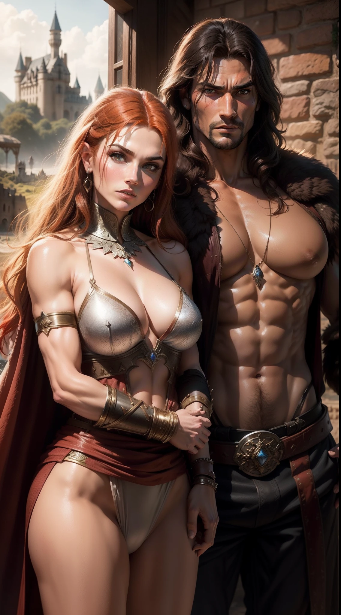 A Couple standing together, man, Conan the barbarian, handsome, strong, senewy, sword in hand, and woman Red Sonja, beautiful, deep cleavage, castle in background, upper body, photorealistic, High quality