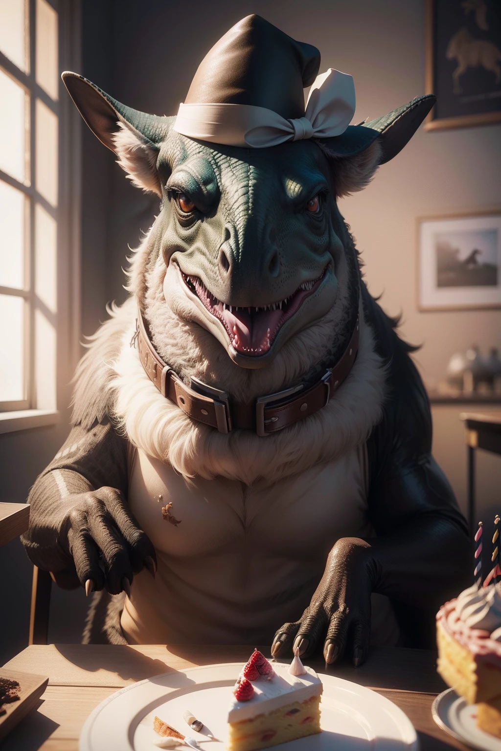 Araffe in a birthday hat sitting in front of a cake, ultra realistic 3d illustration, 3 d epic illustrations, Jurassic image, adorable digital painting, Trex Dinosaur, ultrarealistic illustration, realistic illustration, birthday party, photorealistic illustration, Тренд на Behance 3D Art, Тренд на Behance 3D Art, Hipperrealistic illustration, hyperrealistic illustration