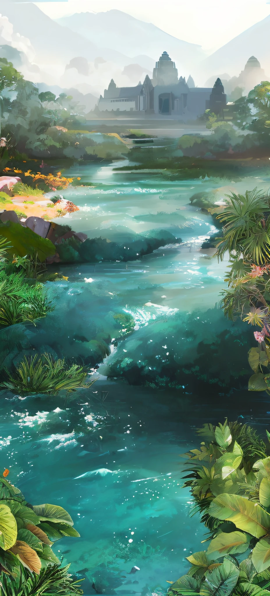 looking from above,River painting of rainforest, . Angkor Wat ruins in the background: jungle river, Anime landscape concept art, environment concept art, Anime background art, ross tran. scenery background, vibrant water river, river with low hanging plants, environment design illustration, Relaxing concept art, Anime Nature, beautiful anime scenery, very detailed digital painting, environment concept art, drawn in anime painter studio
