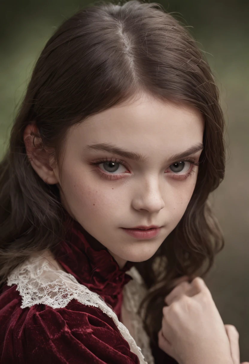  Western European vampire girl shoots cover for children's fashion magazine，Immature pointed face，floating hair NovaFrogStyle,Medium breast，Extremely thin low-cut lace top，Short flowing hair，Pale and rough skin，The finest details，detailed skin textures，dramatic light，beautiful shadows，look at viewer