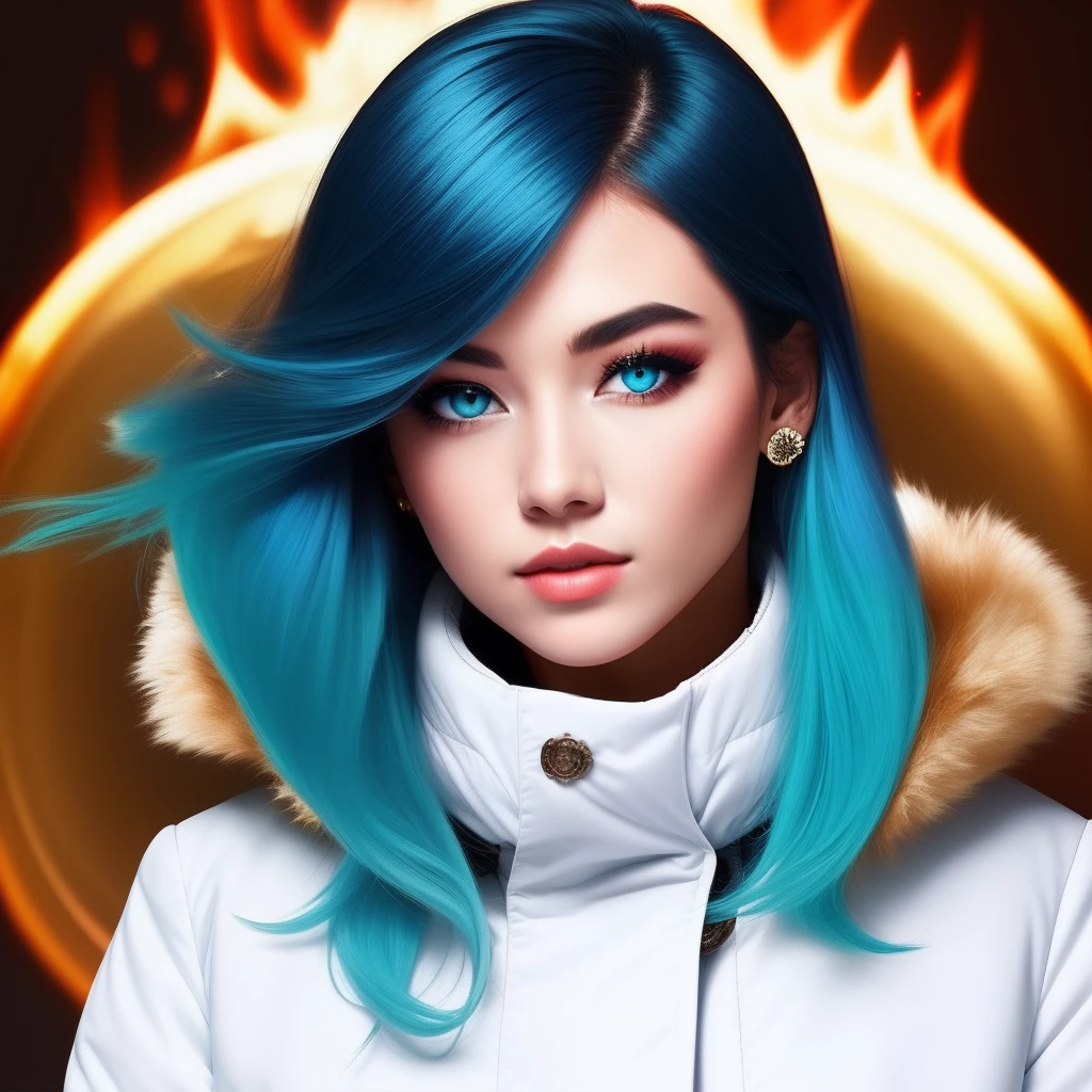 Blue-cyan hair,Golden eyes,White coat,ember