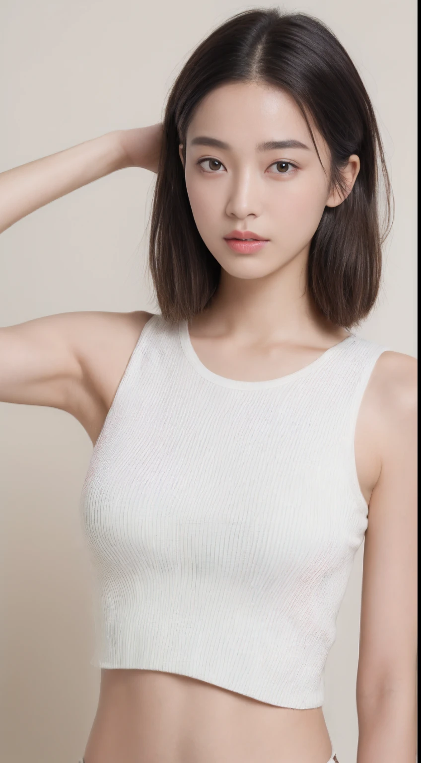 ((top-quality、8K、​masterpiece:1.3))、1girl in、Beautiful woman emphasizing slender abs:1.3、(Random Hair Styles:1.2)、Oversized tank top:1.2、Super Detailed Face、detailedeyes、二重まぶた、One Woman、inside in room、portlate、with a pure white background