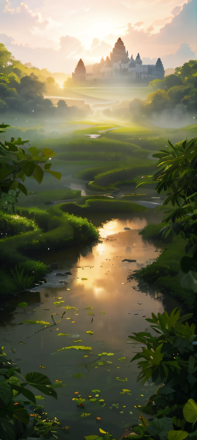 There is a river in the middle of the jungle，The background is Angkor Wat，vines all around，giant and wet trees，tmasterpiece，Best quality at best，high qulity，The is very detailed, CG unified 8k wallpaper，oil painted，award winning photography，Bokeh，depth of fields，hdr，blooms，color difference、真实感、The is very detailed、Trends on ArtStation、Trends on CGSociety、iintricate、high detal、dramatics、Midjourney Art、Volumetriclighting