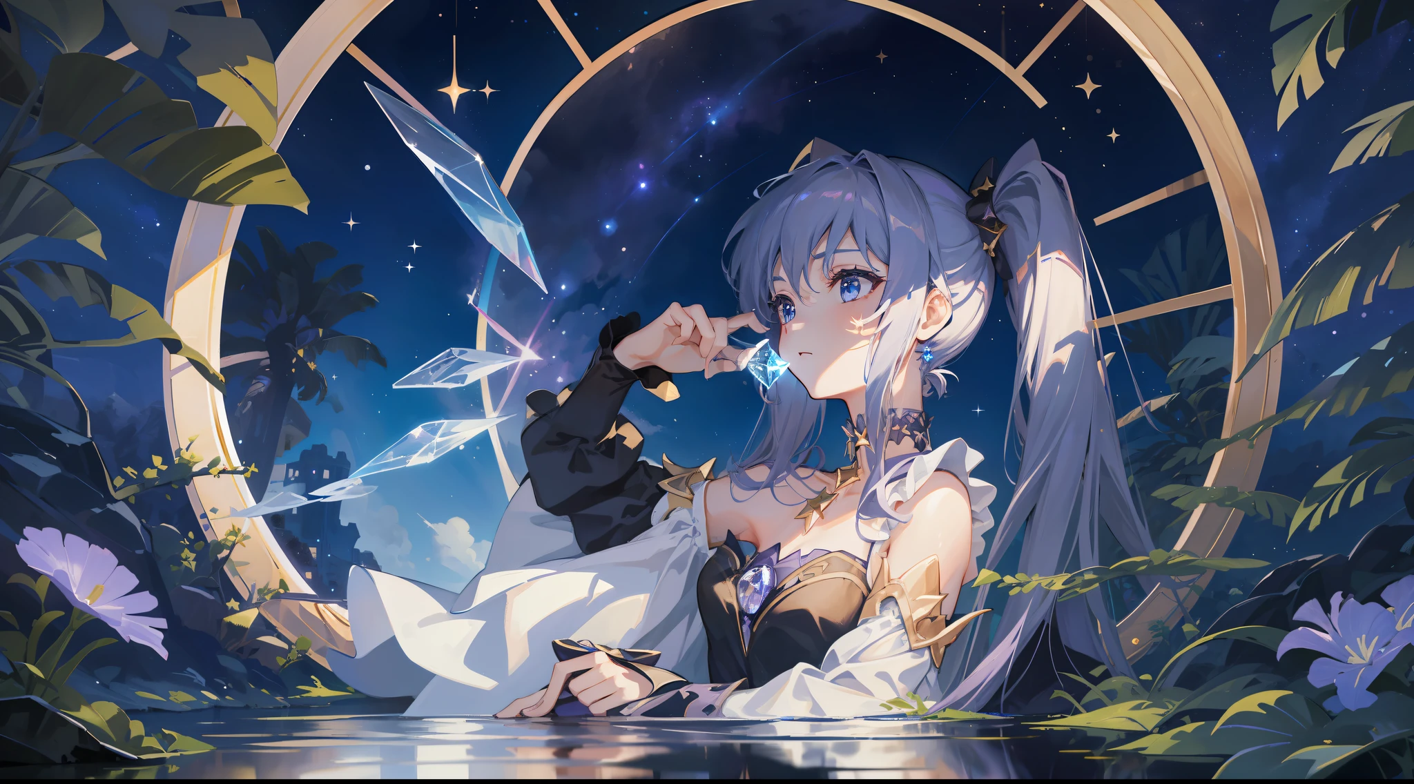 girl, on the left, looking at the sky, solo, Mona \(Genshin Impact\), choker, hair between eyes, star \(symbol\), long hair, dark purple hair, twintails, blue eyes, shining eyes, jewelry, witch, maid, bangs, purple black dress, purple skirt, white apron, landscape, night sky, star \(sky\), starry sky, night, outdoor, clouds, reflection, water, magic, tarot, water magic, ((beautiful golden crystal star)), space, water droplets, splash
